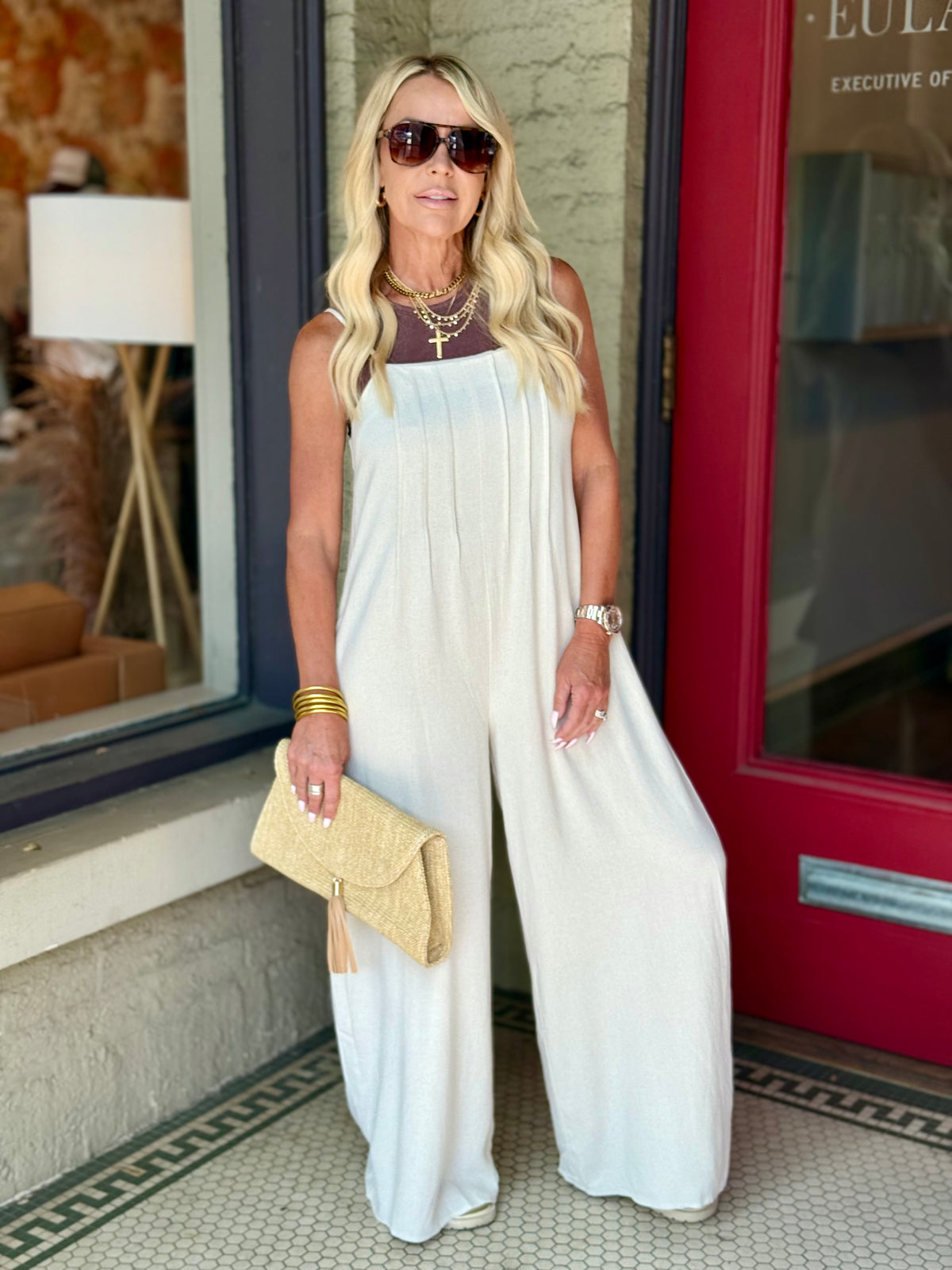 Pleated Wide Leg Jumpsuit | Oatmeal