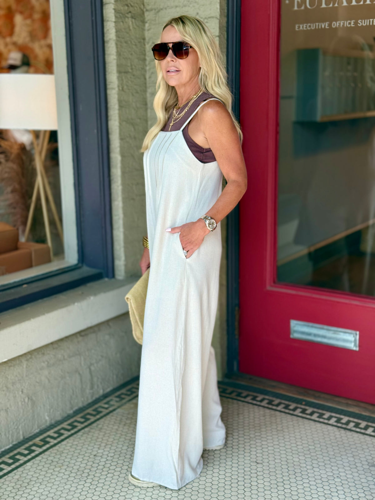 Pleated Wide Leg Jumpsuit | Oatmeal