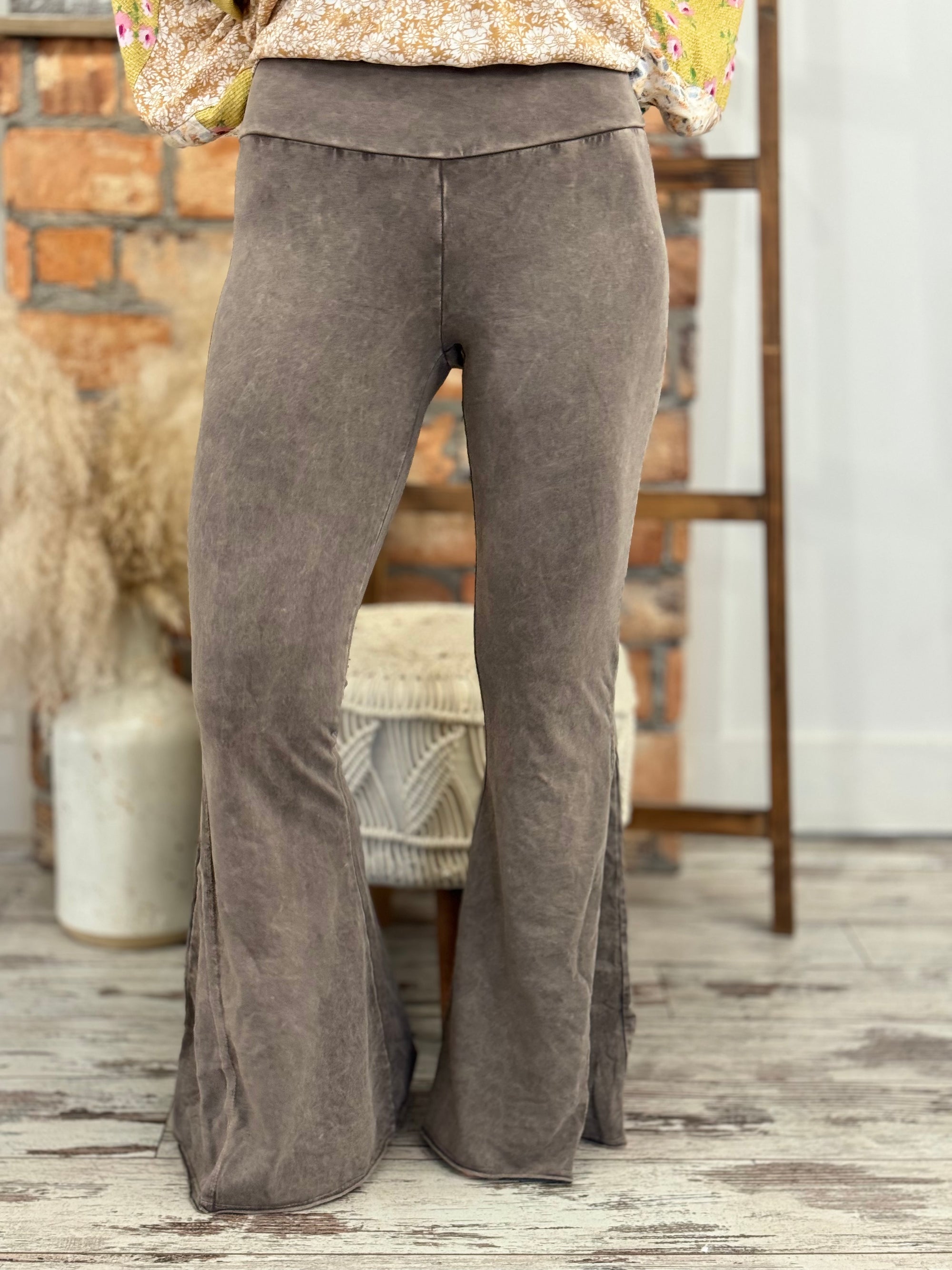 Washed Side Panel Flare Bell Bottom Pants in Taupe