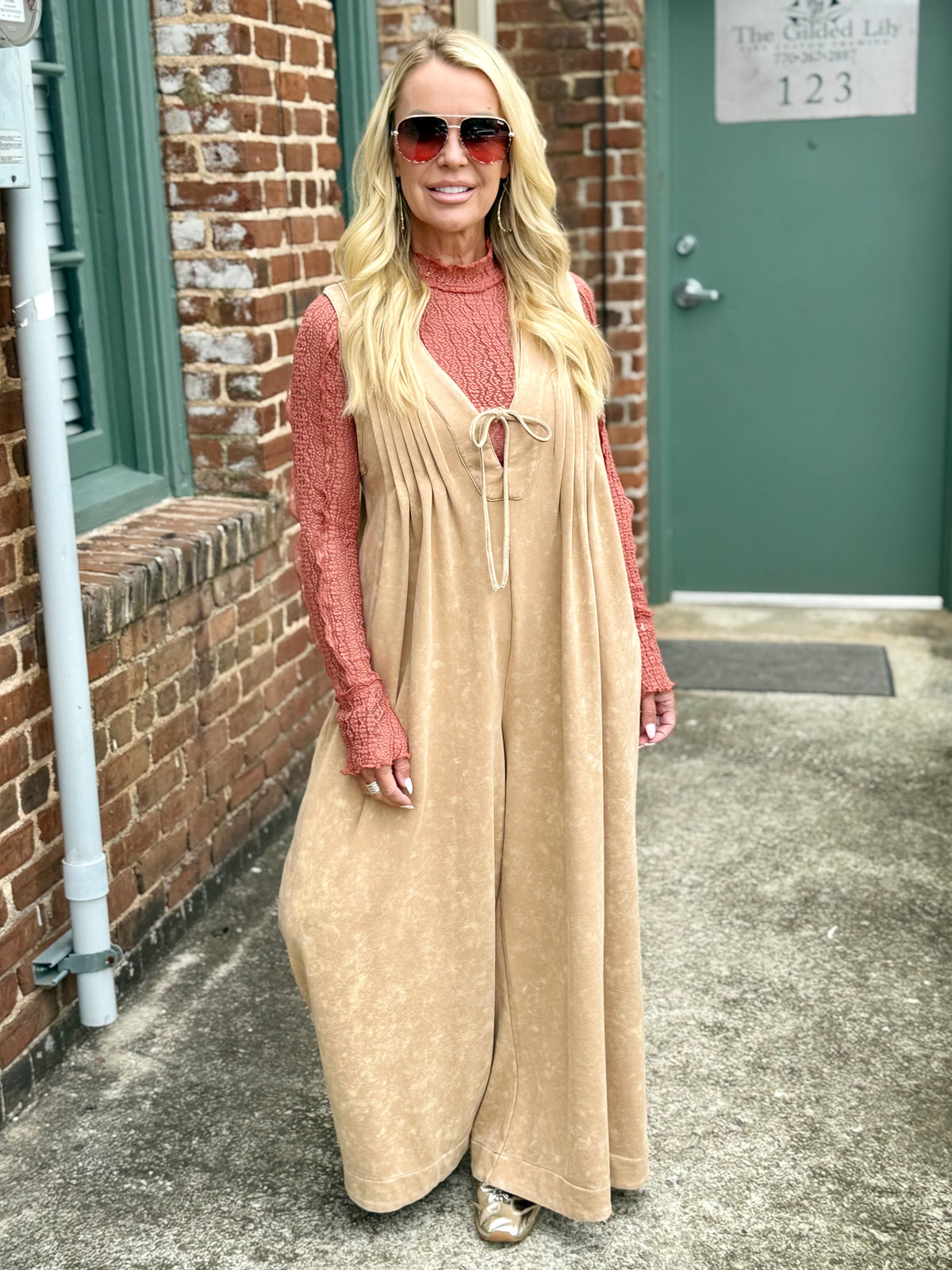 Pleated Sleeveless Wide Leg Jumpsuit