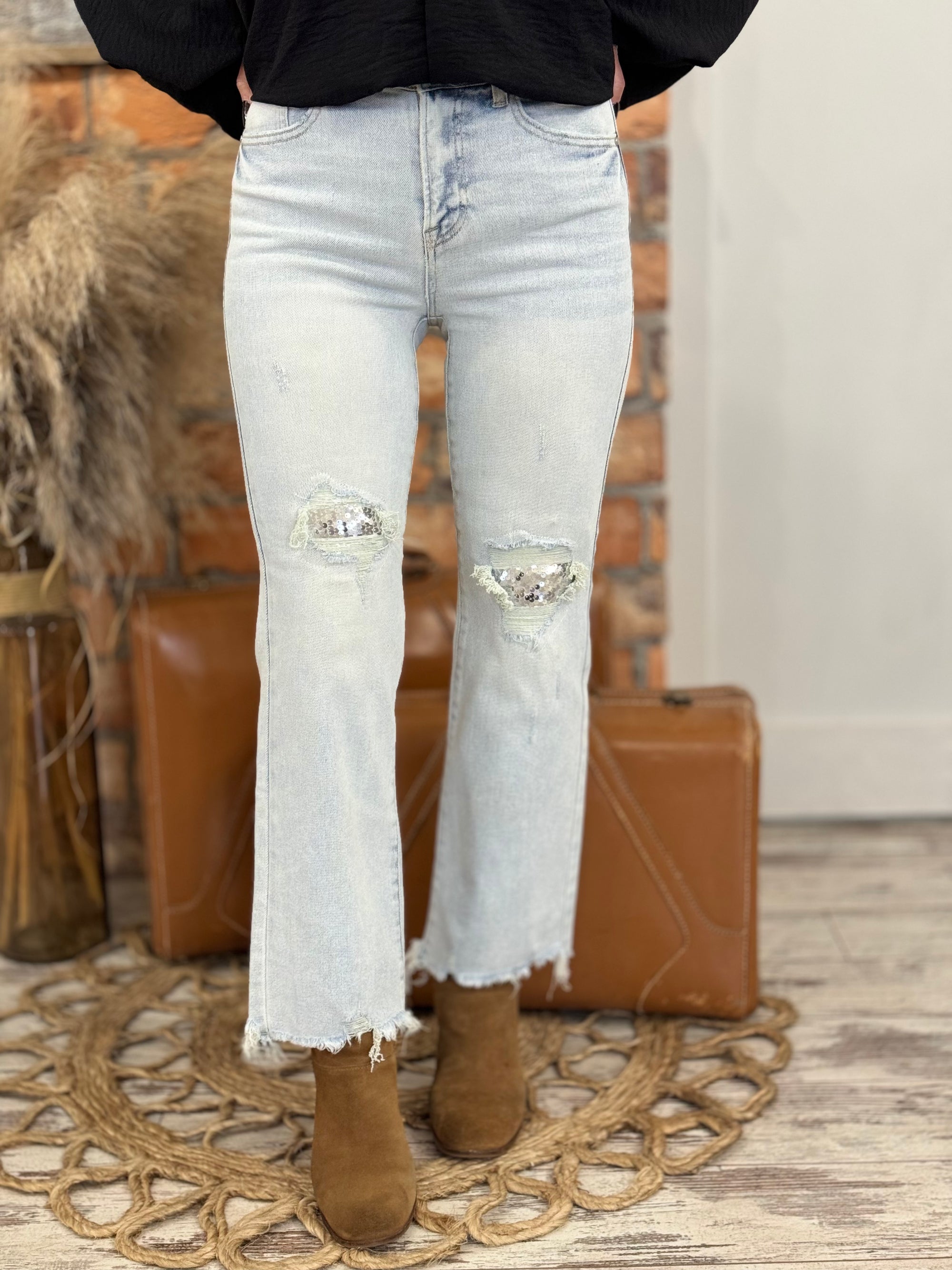 High Rise Sequin Patch Jeans