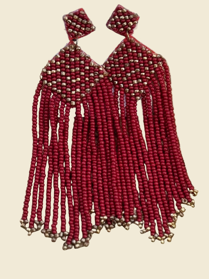 Beaded Diamond Tassel Earrings in Burgundy