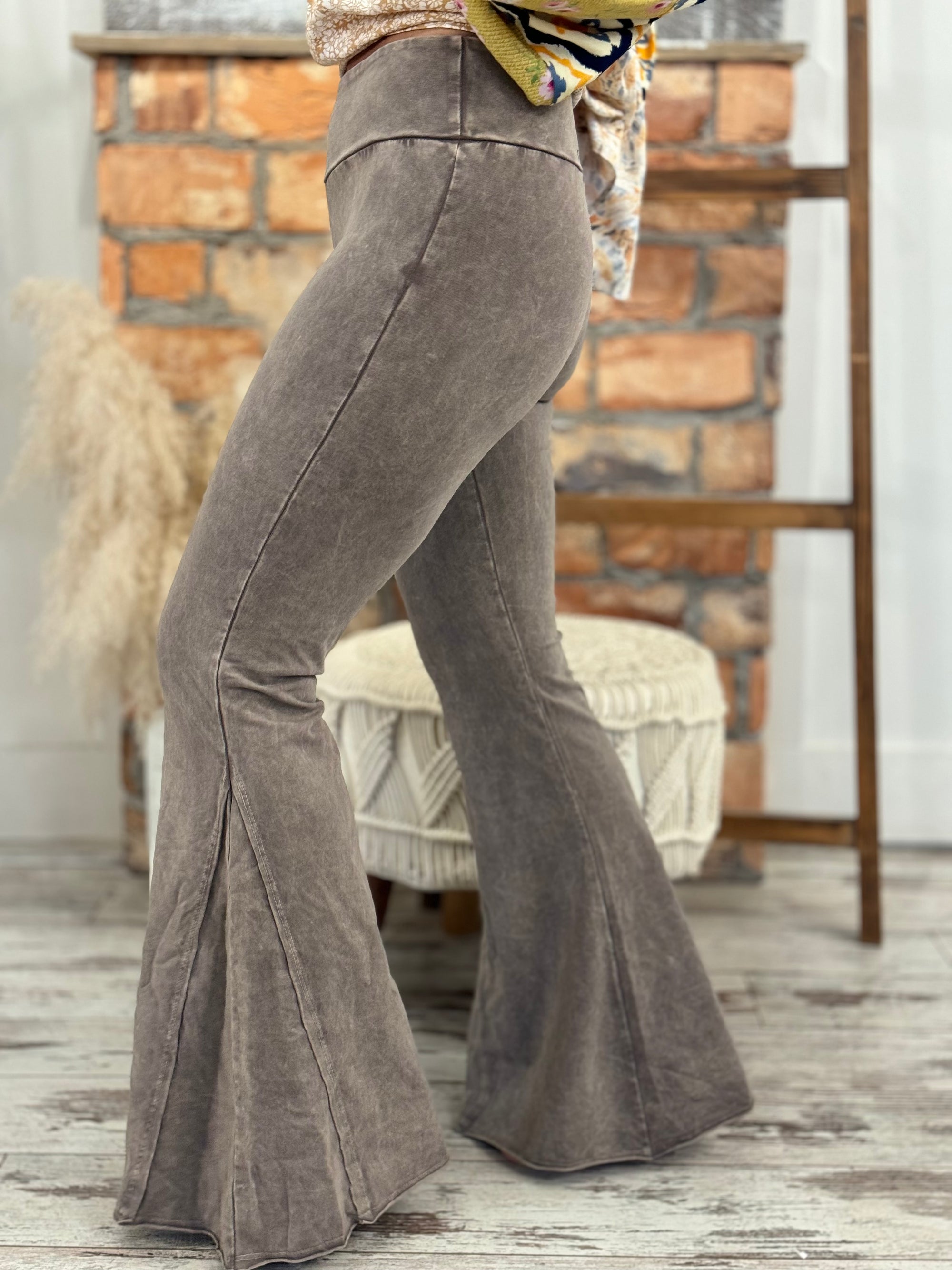 Washed Side Panel Flare Bell Bottom Pants in Taupe