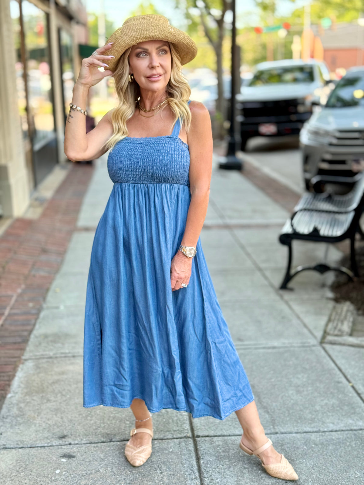 Smocked Back Tie Tencel Midi Dress