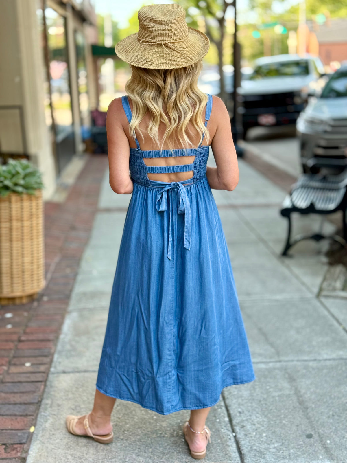 Smocked Back Tie Tencel Midi Dress