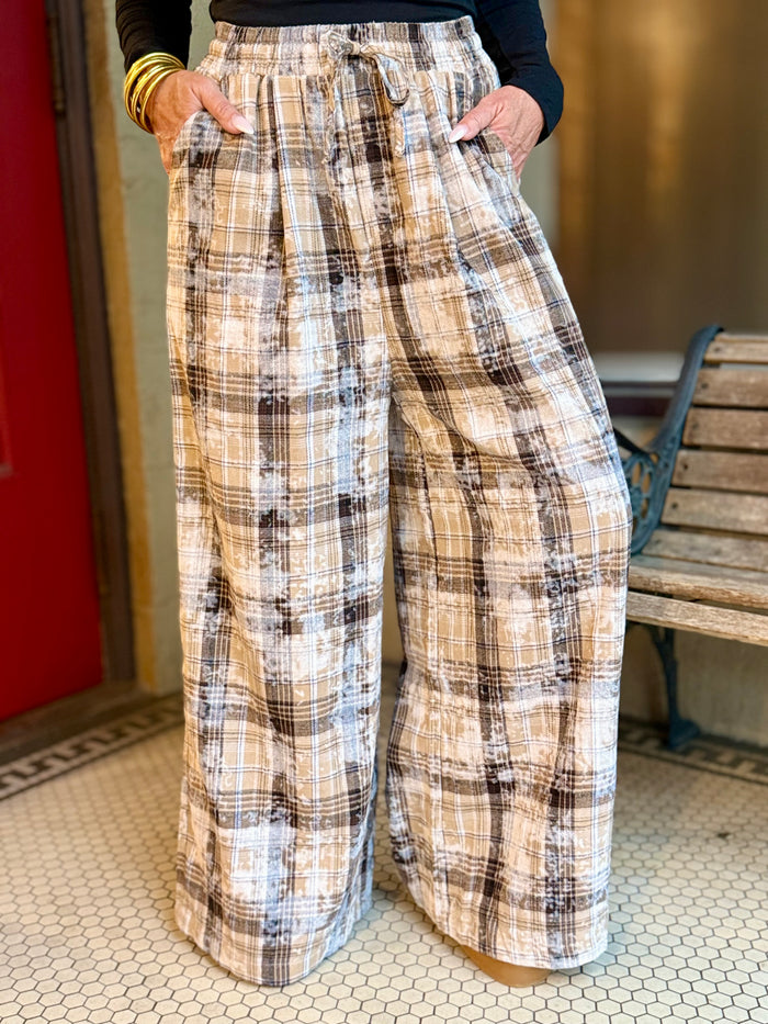 Plaid Bleach Splattered Wide Leg Pants