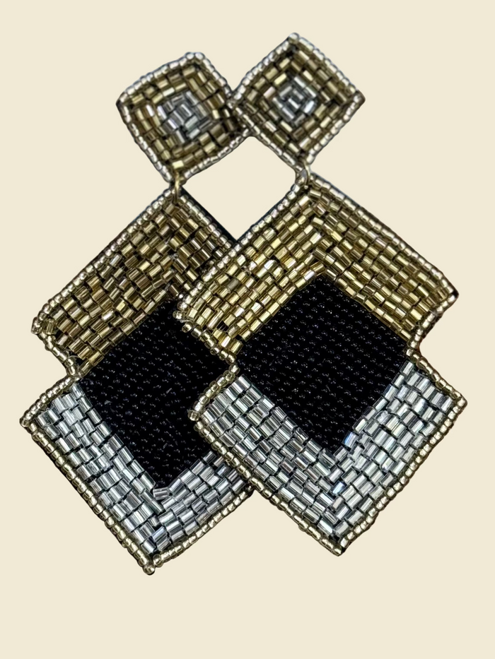 Geometric Square Beaded Earrings in Black