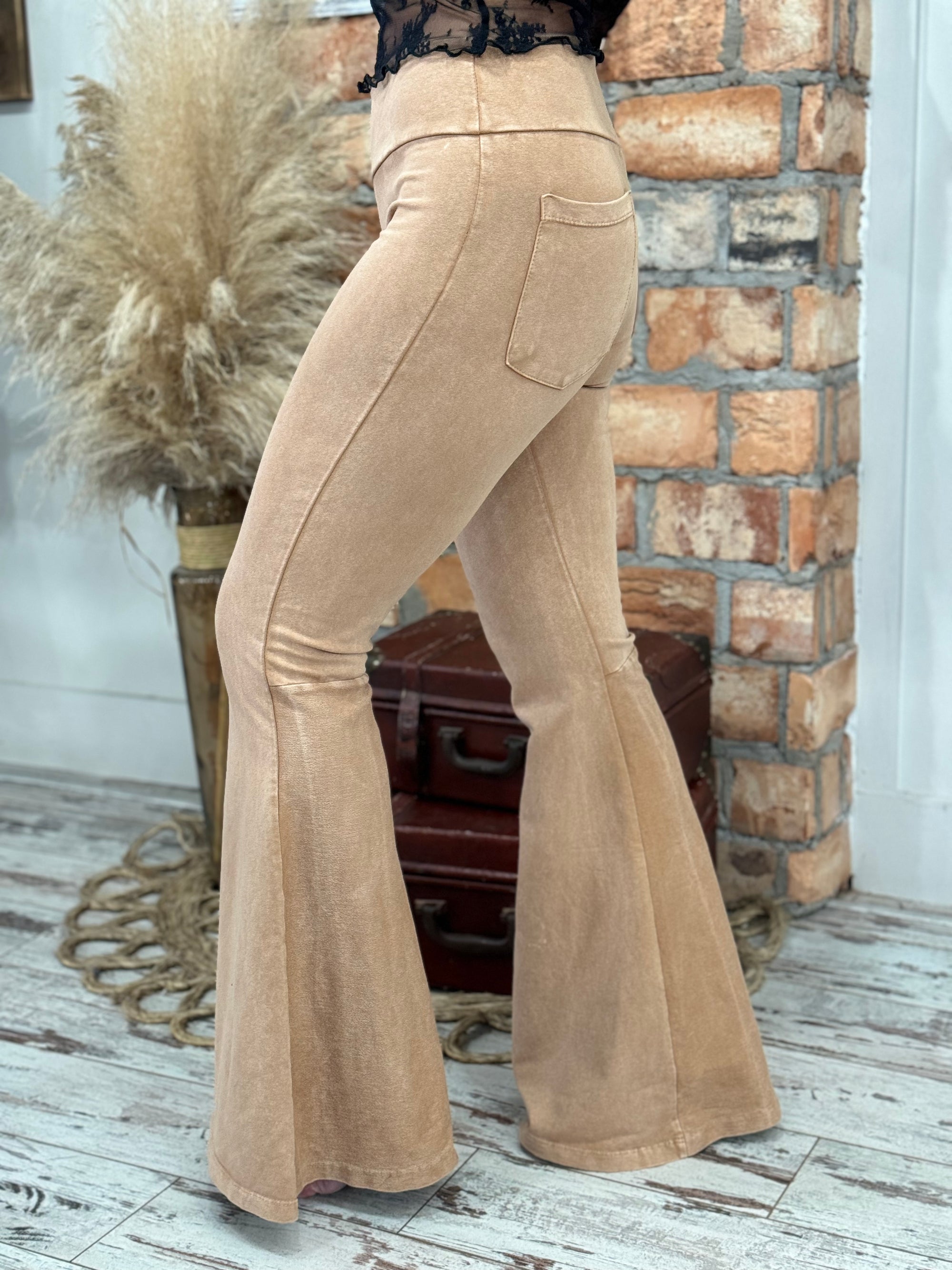 Washed Bell Bottom Flare Pants with Pockets in Camel