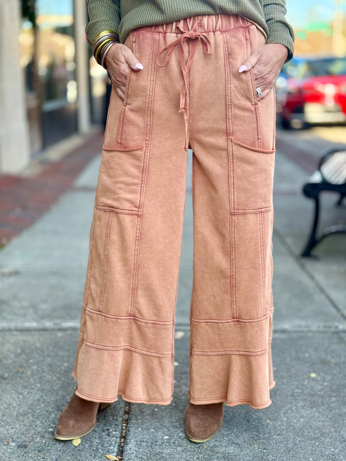 Cropped Ruffle Hem Wide Leg Pants | Rust