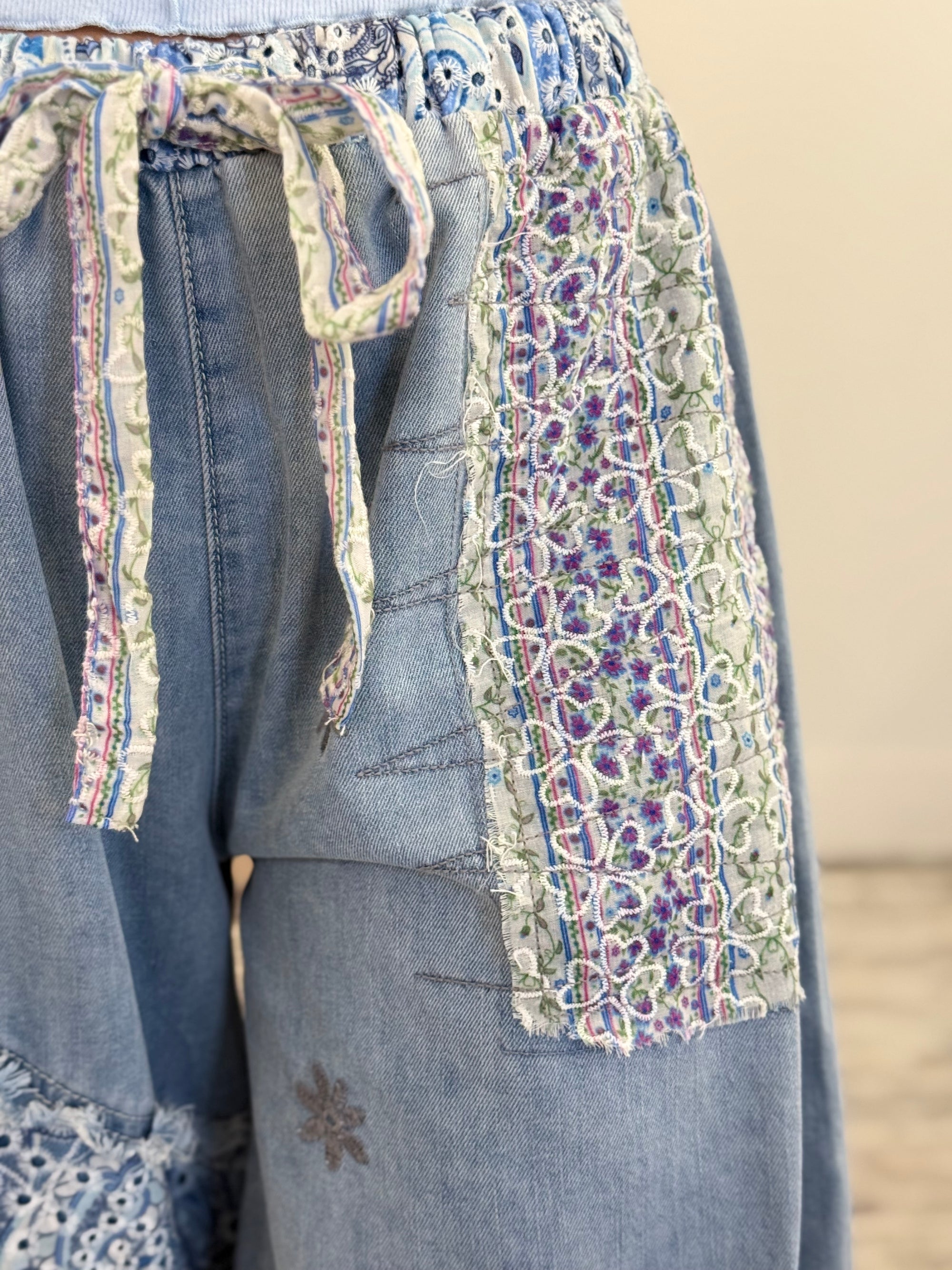 Patchwork + Lace Denim Jogger Pants