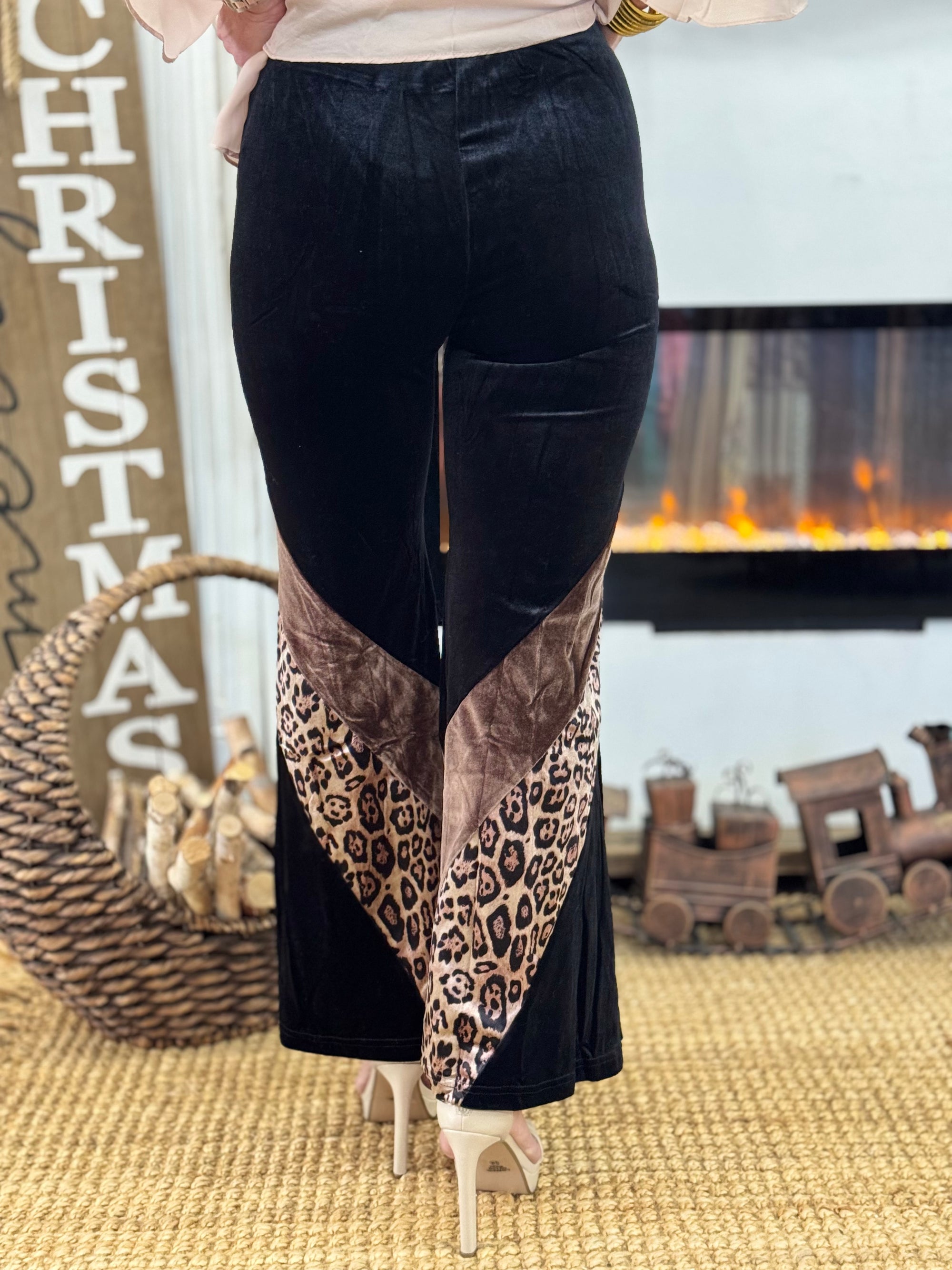 Velvet Leopard Color Block Flare Pants | Black