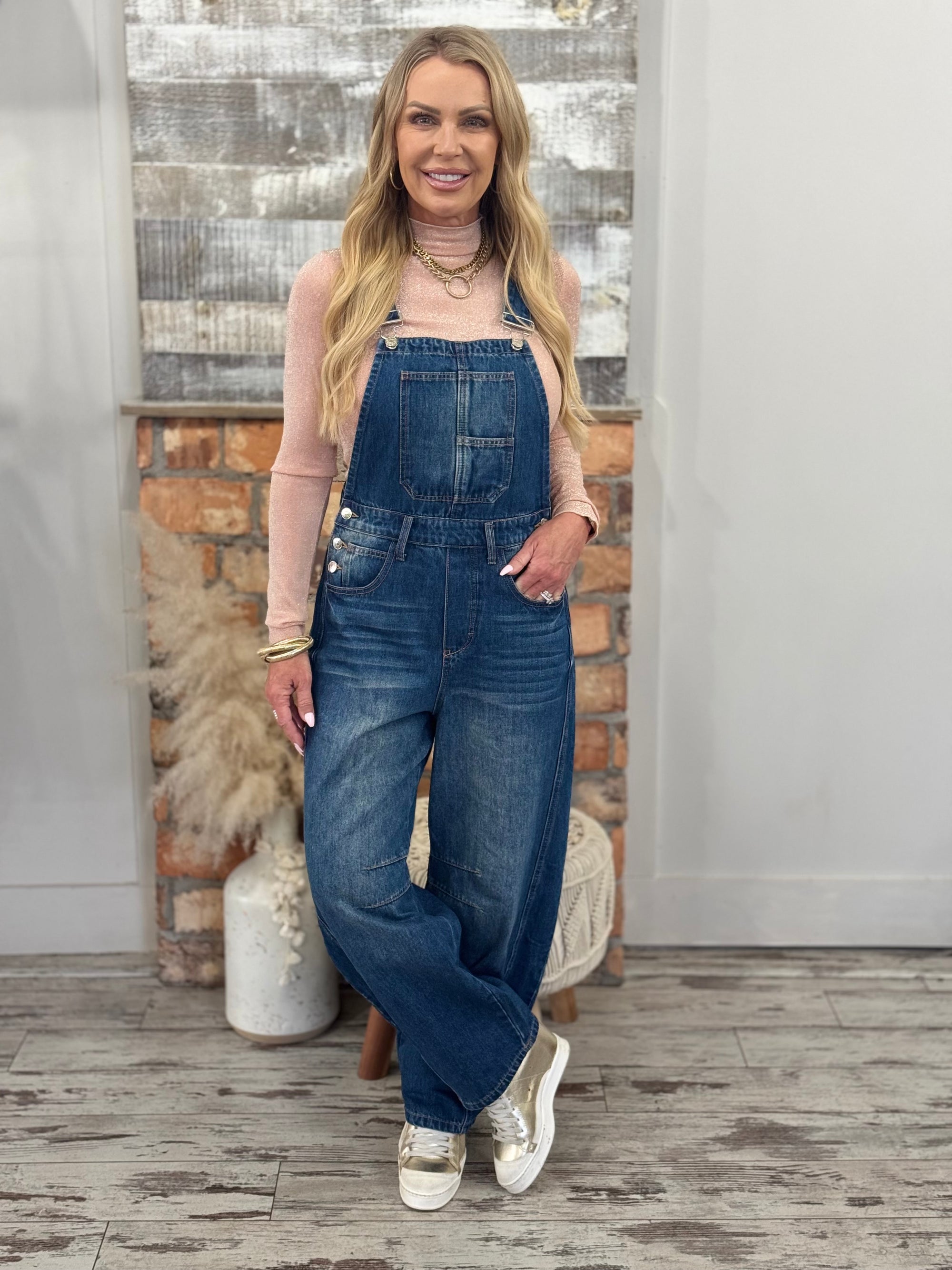 Dark Denim Barrel Overalls