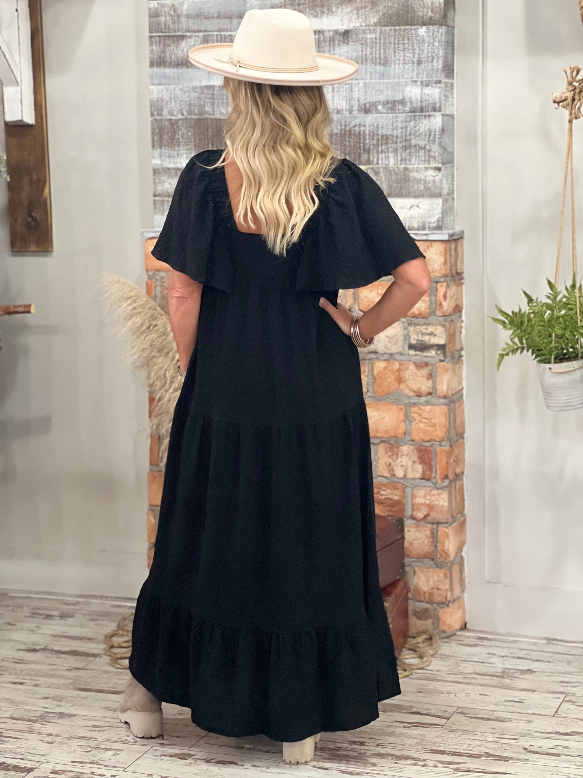 Tiered Flare Sleeve Maxi Dress in Black
