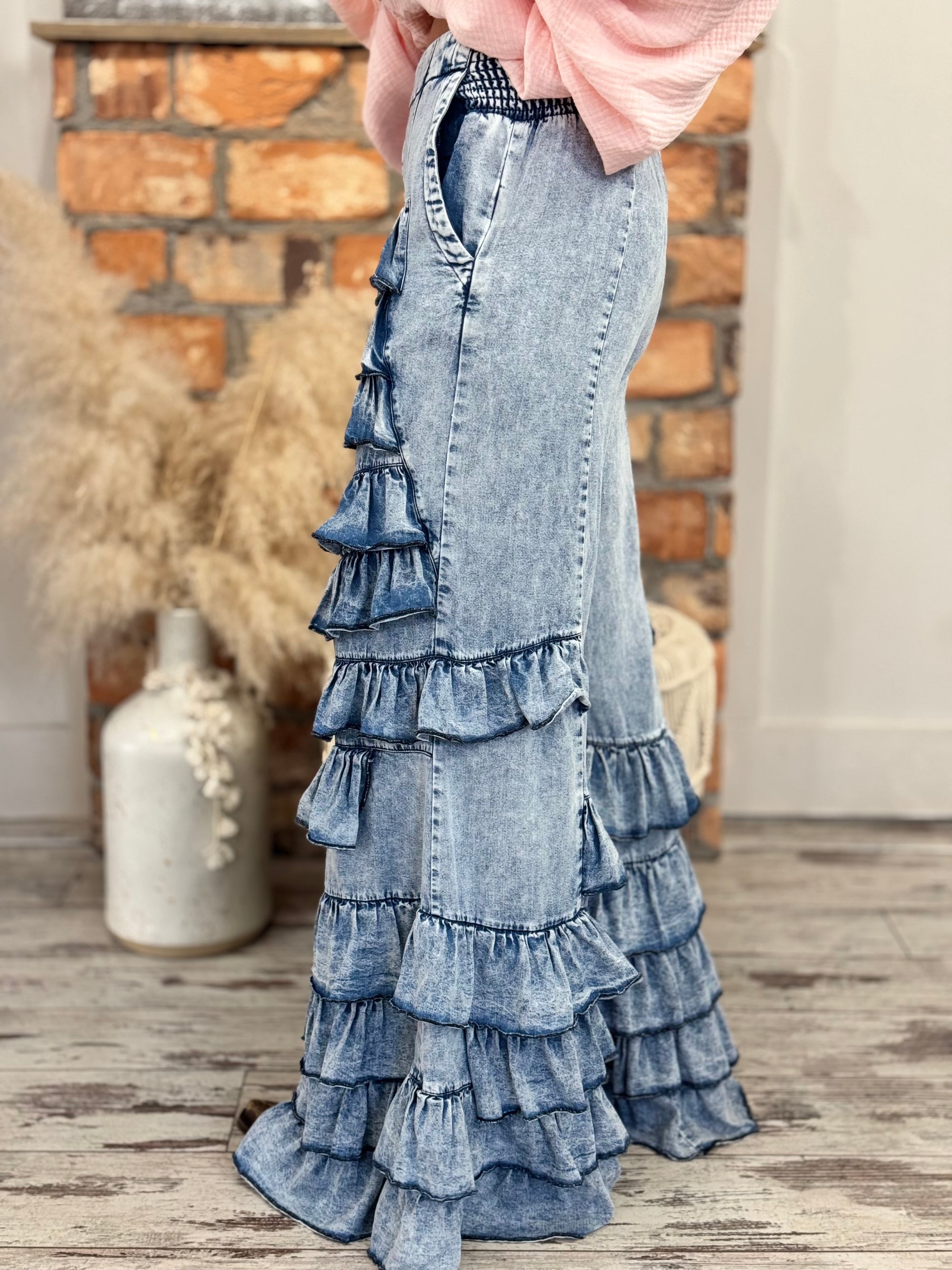 Tiered Ruffle Bell Bottom Pants