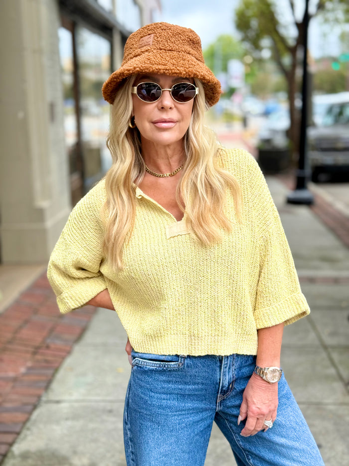 Cuffed Sleeve Split Collar Sweater