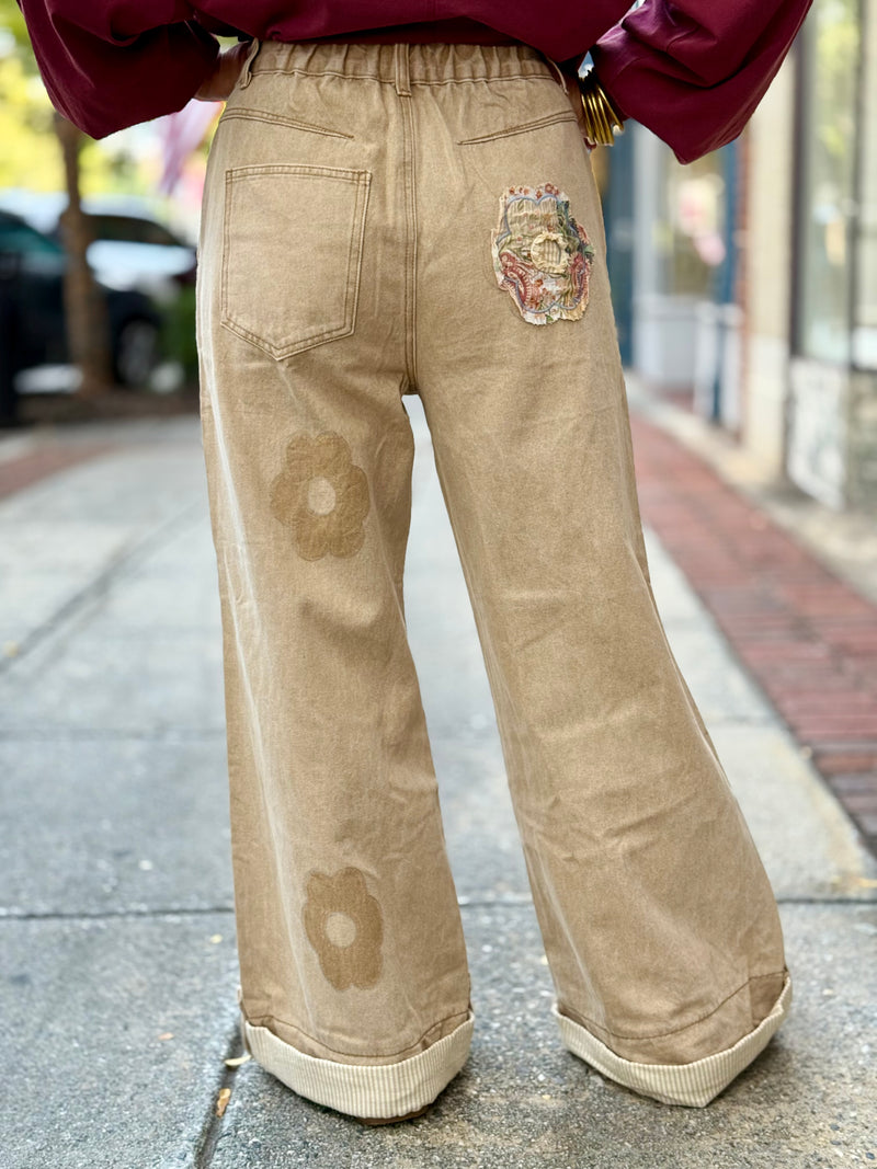 Floral Patch Cuffed Wide Leg Pants