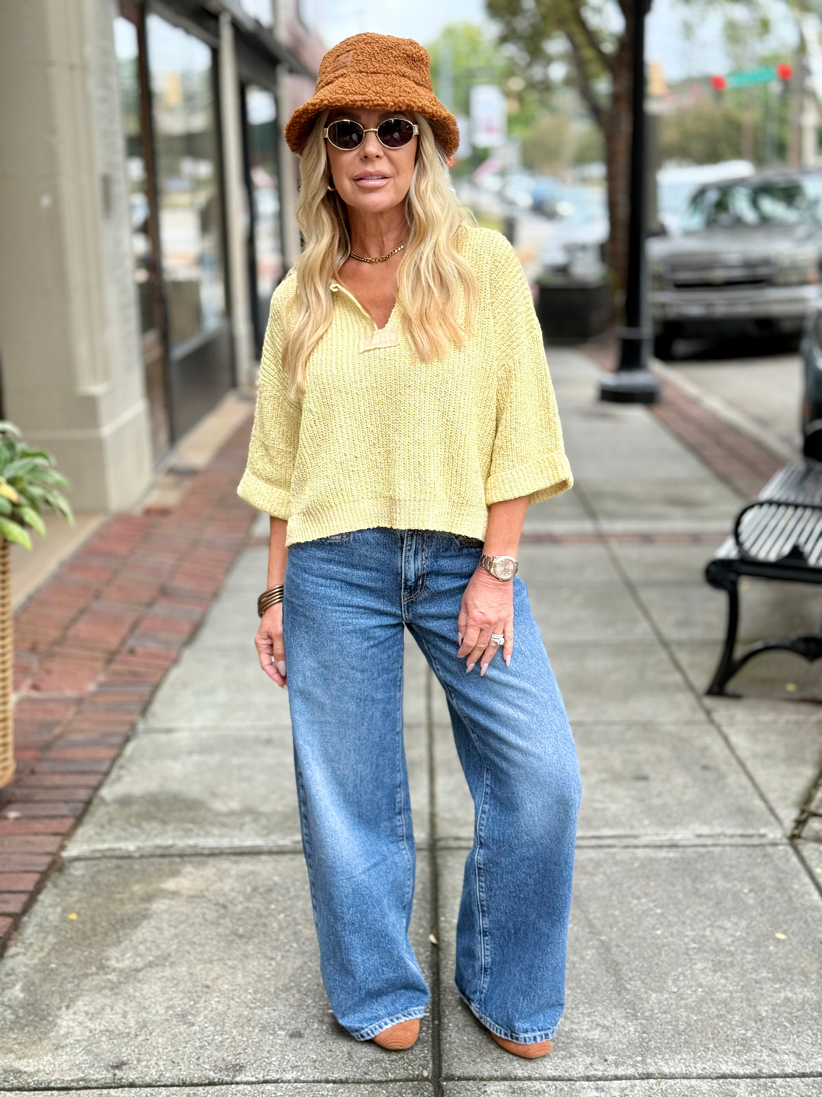 Cuffed Sleeve Split Collar Sweater