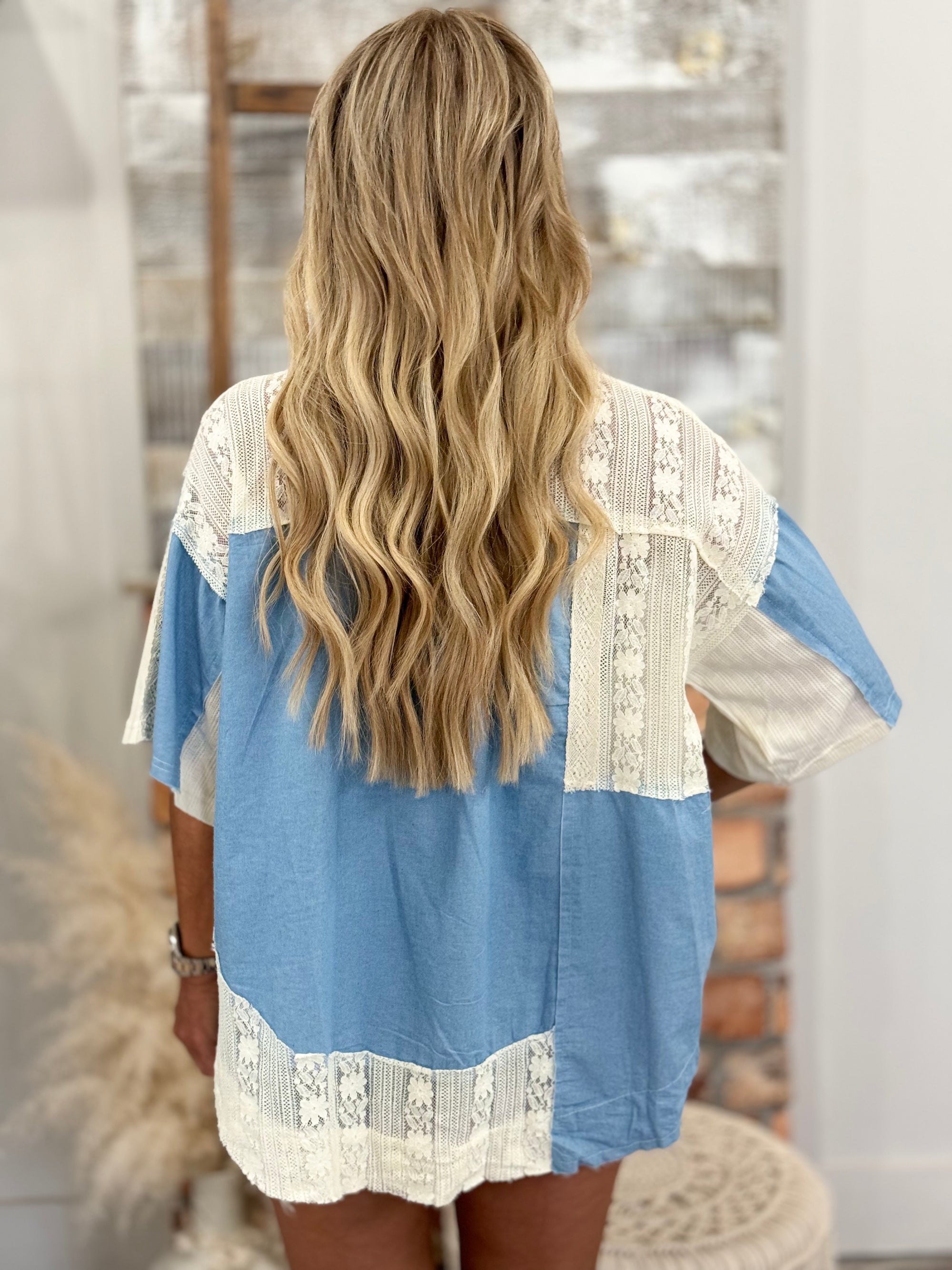 Oversized Mixed Fabric Button Down Top