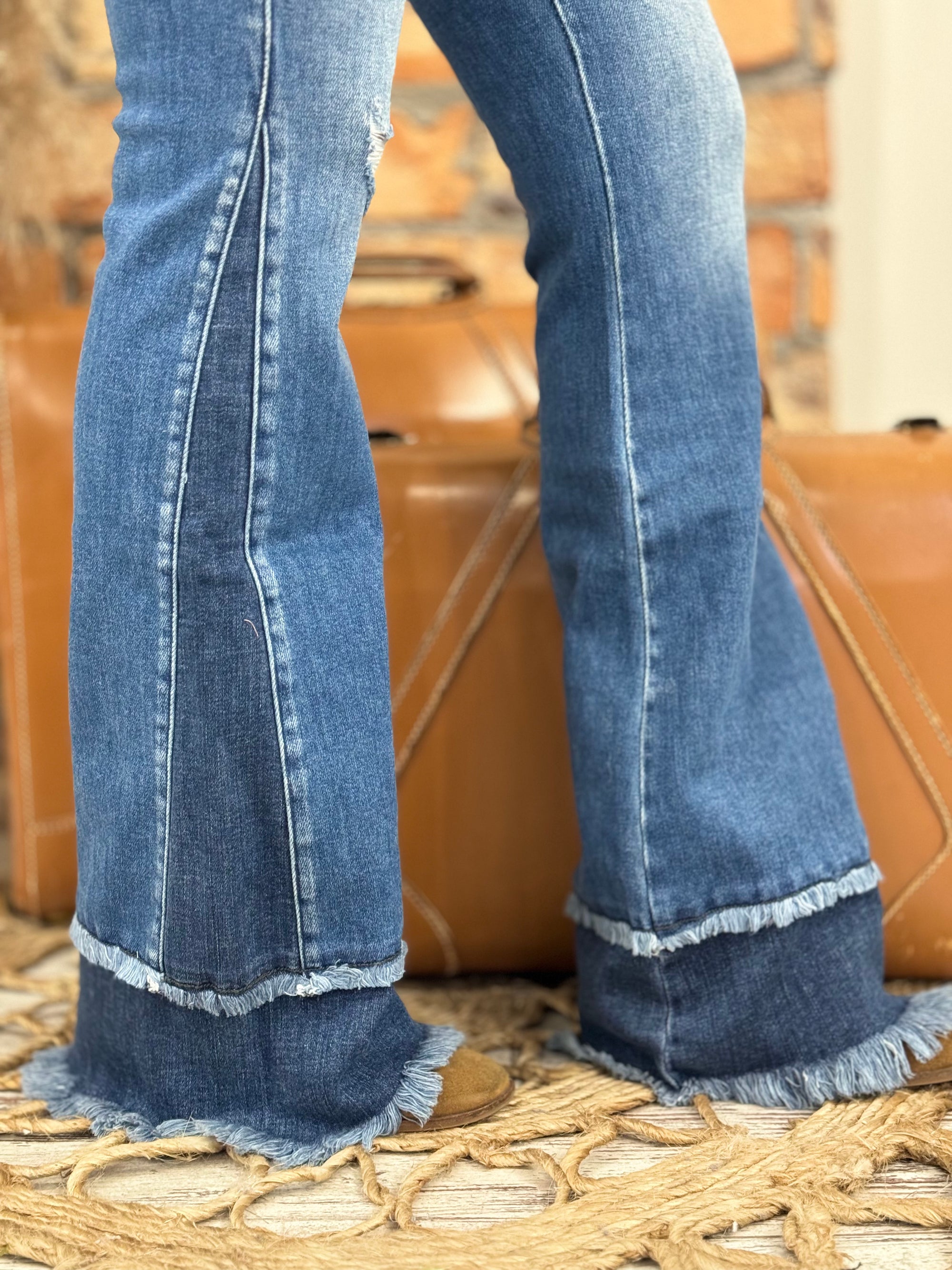 Double Frayed Hem Flare Jeans