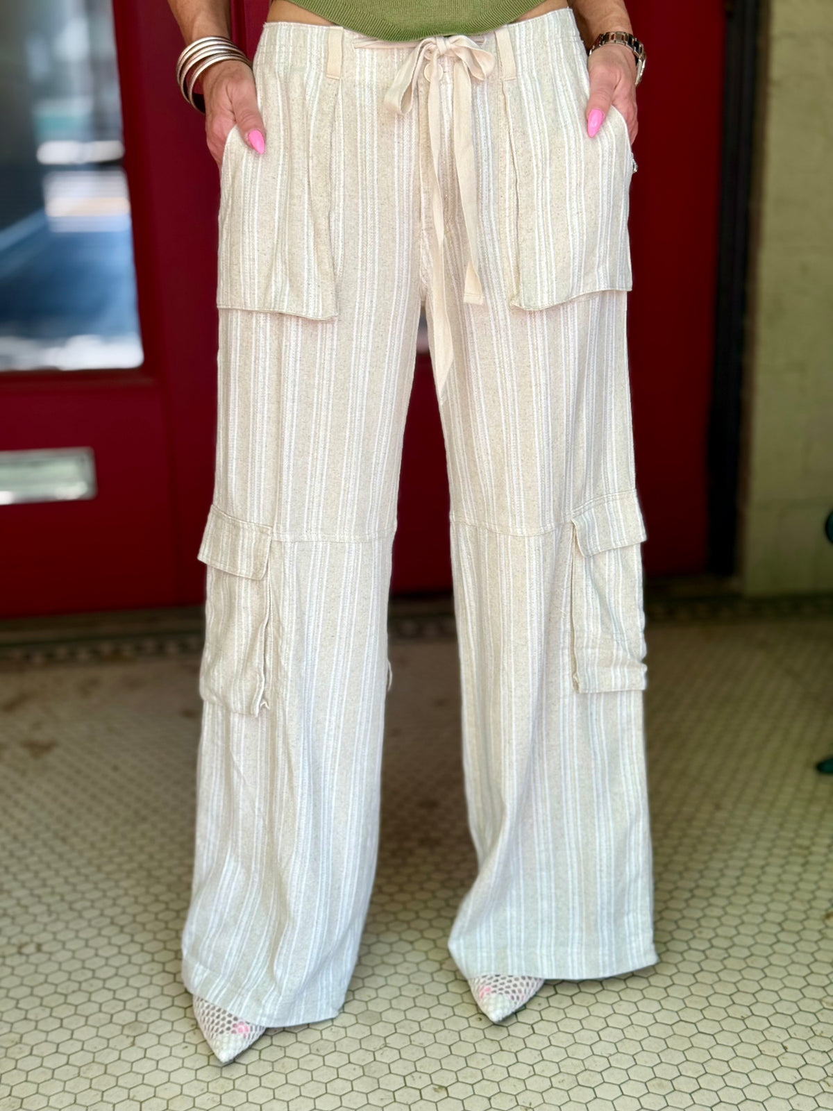 Linen Blend Striped Cargo Pants