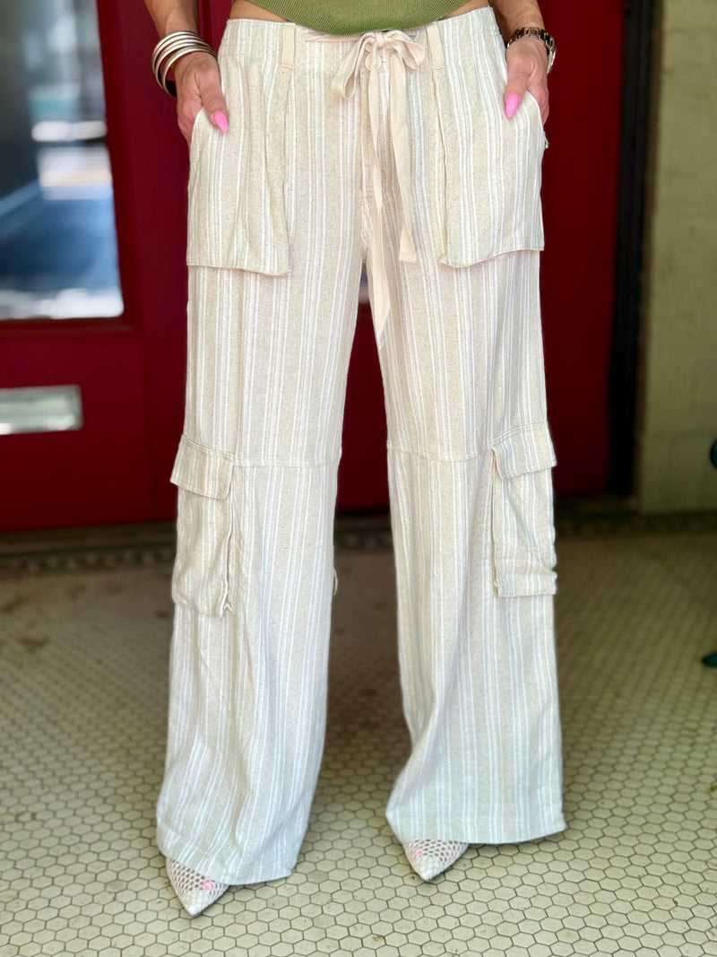 Linen Blend Striped Cargo Pants