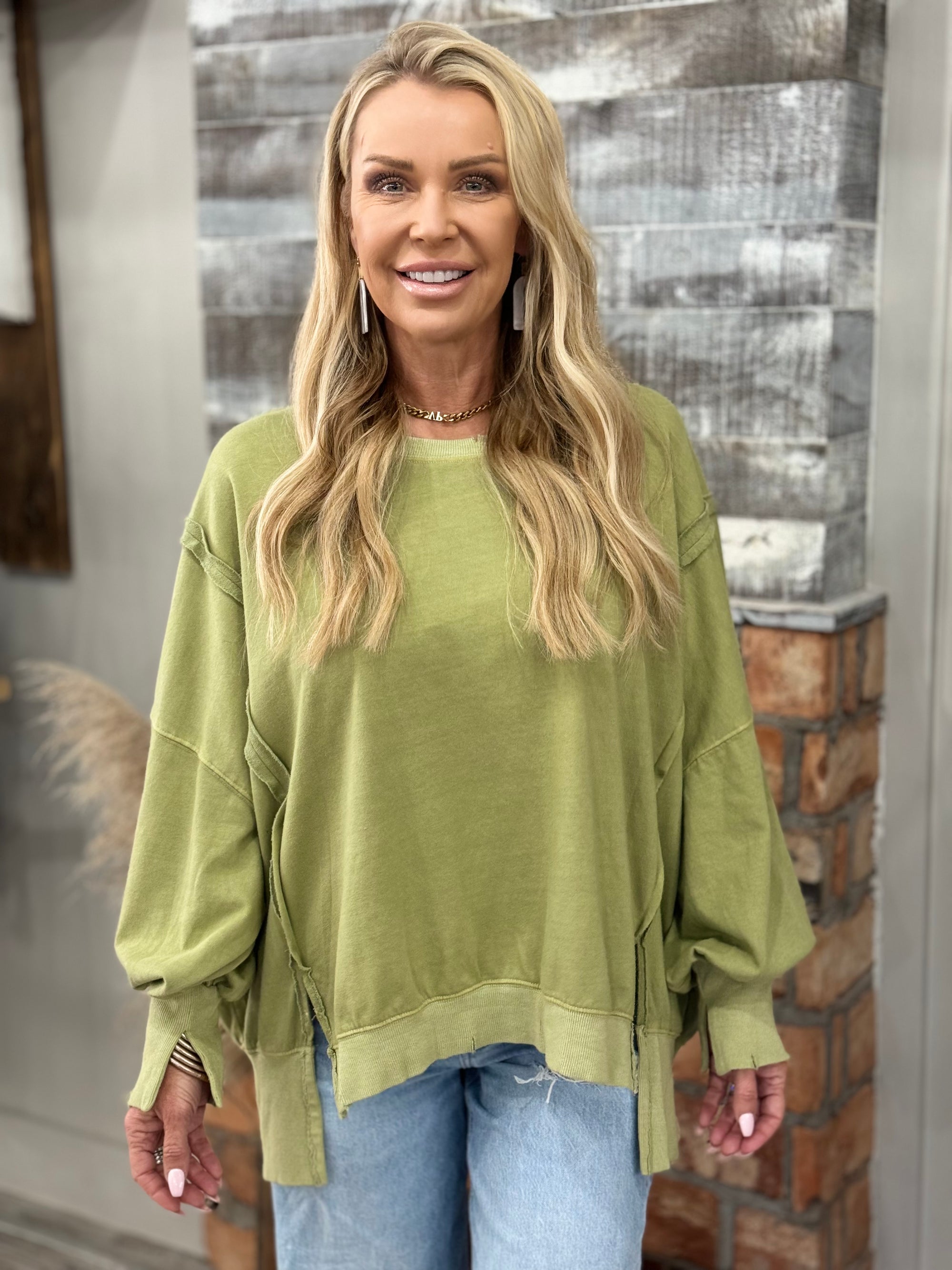 Oversized Reverse Stitch Pullover in Olive