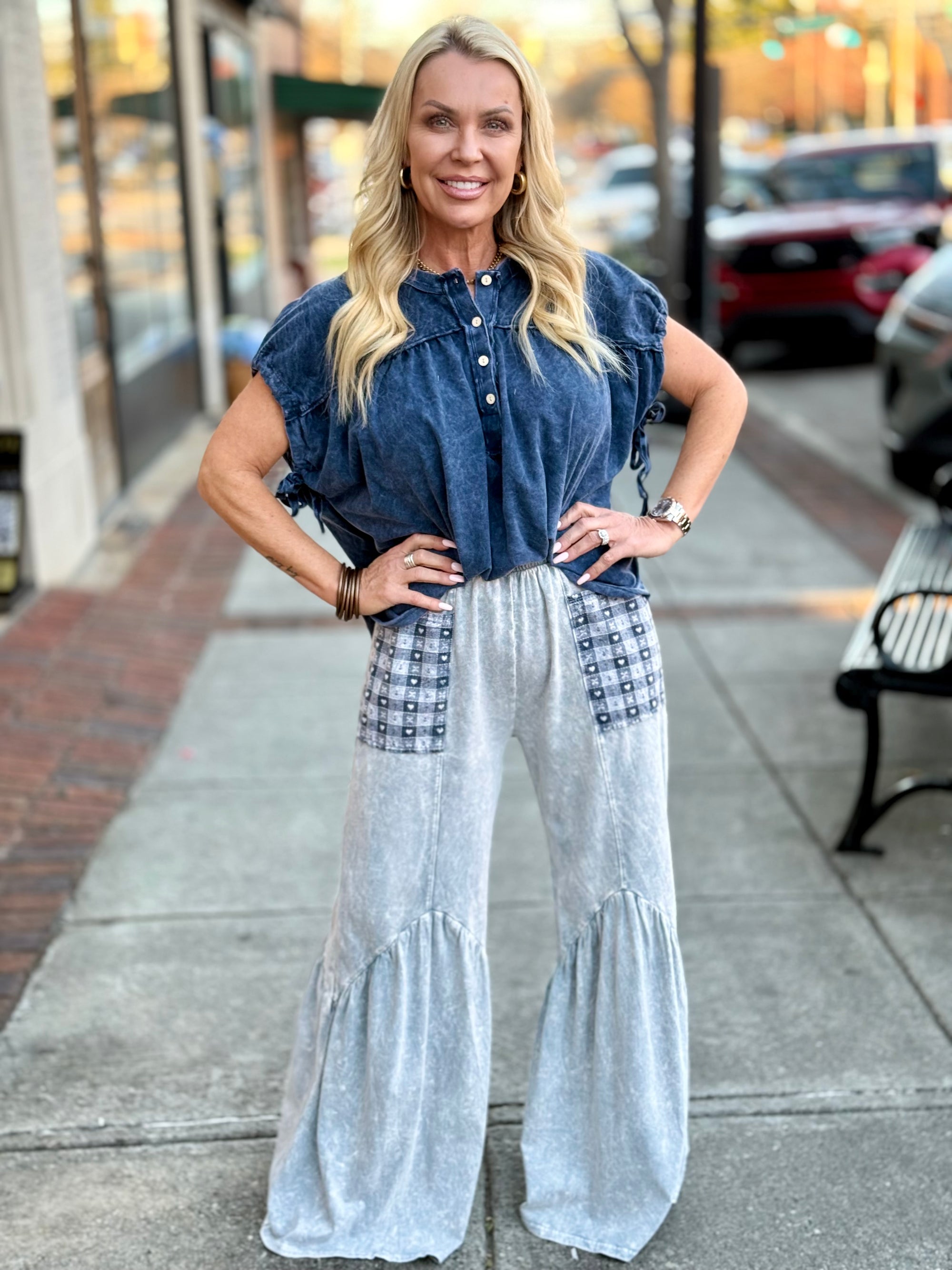 Washed Sleeve Tie Top | Navy