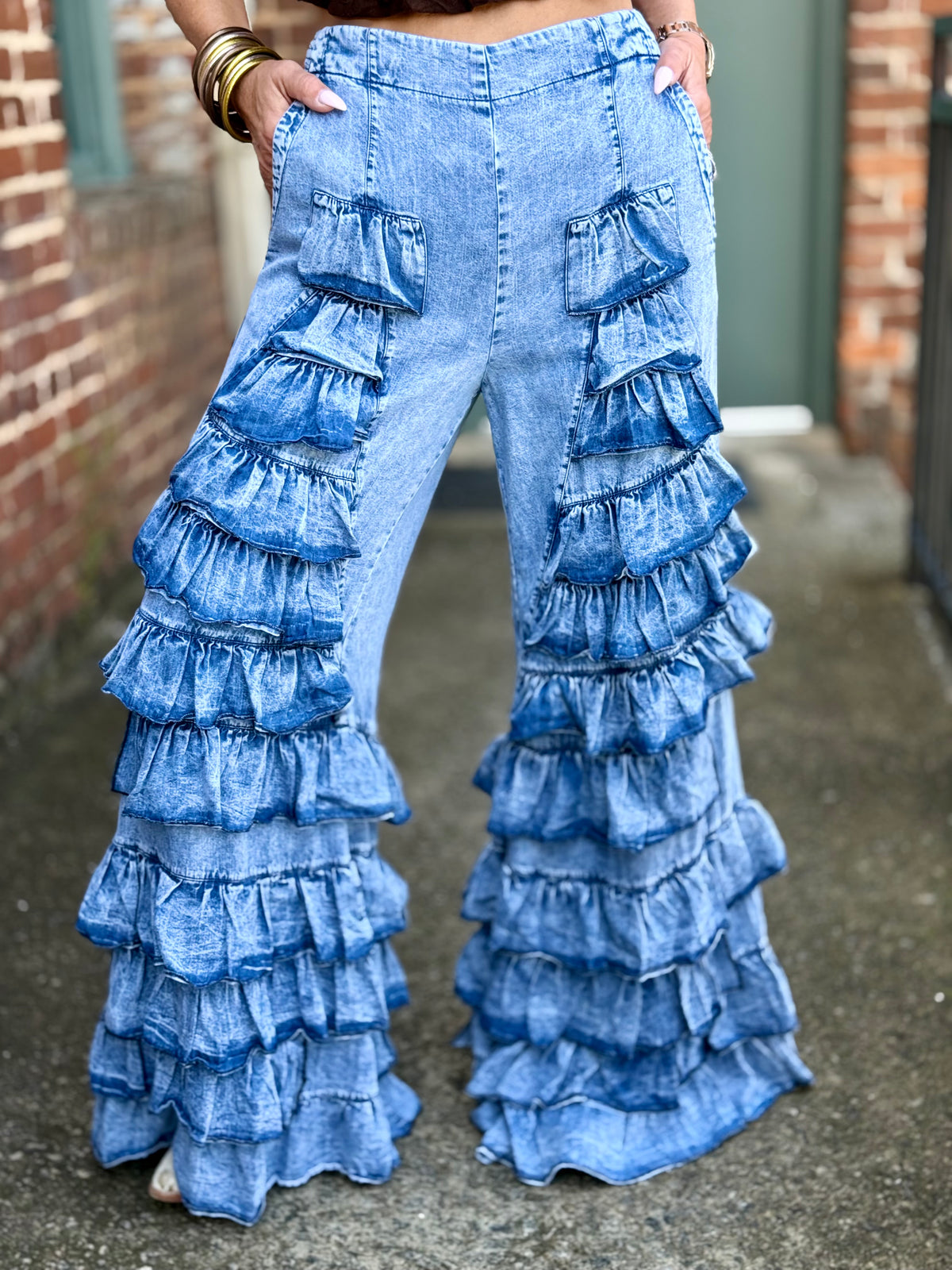Tiered Ruffle Bell Bottom Pants