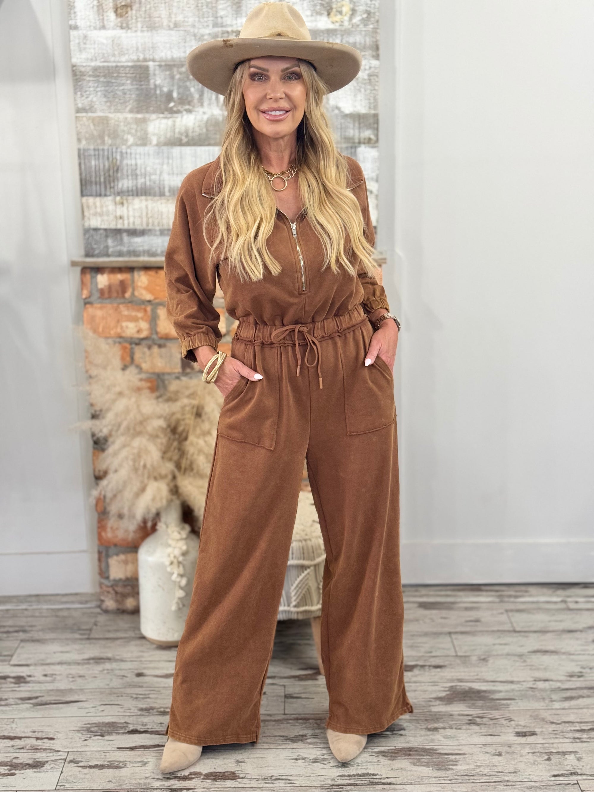 Washed Wide Leg Jumpsuit in Brown