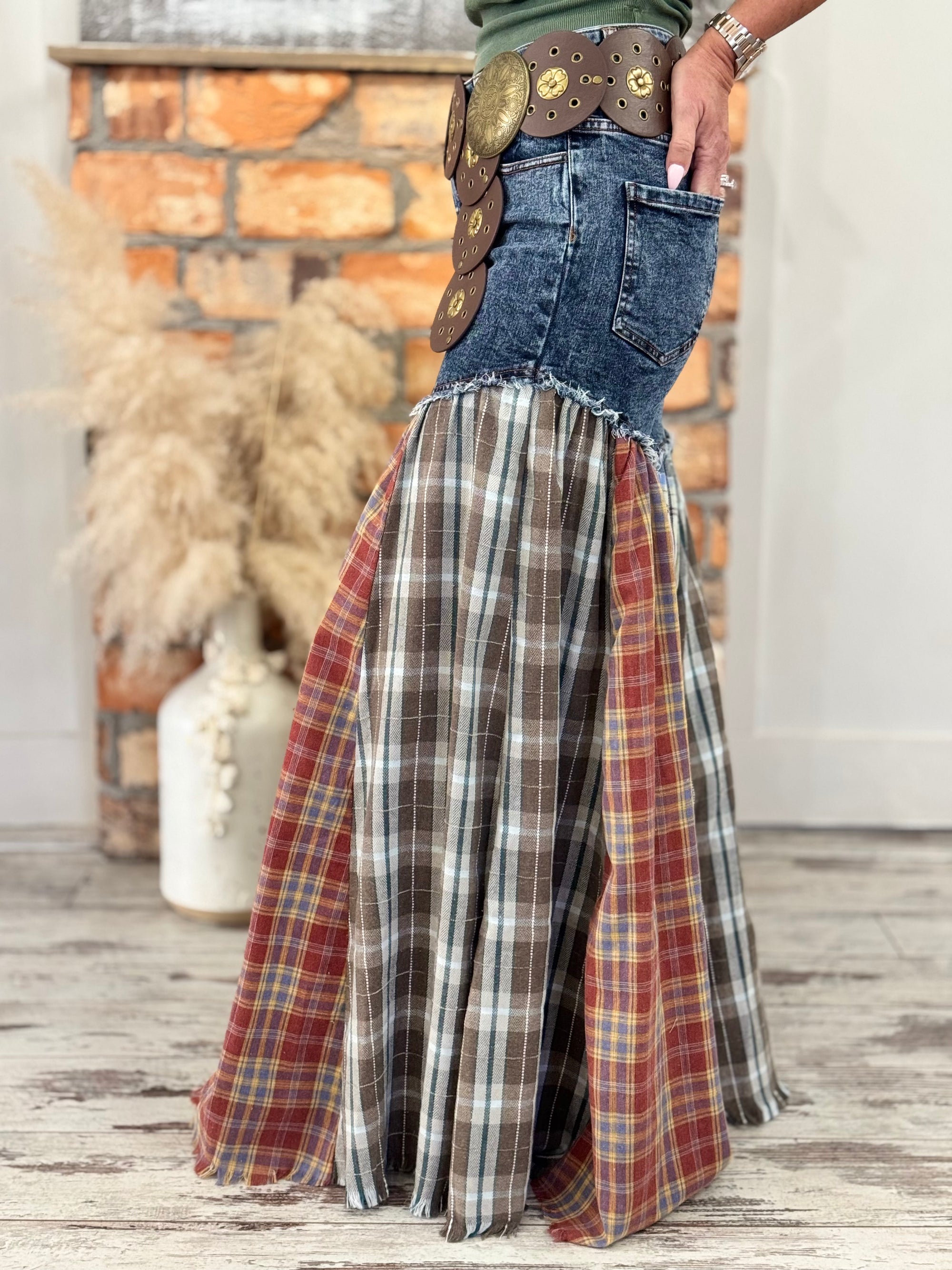 Plaid Patchwork Flare Jeans