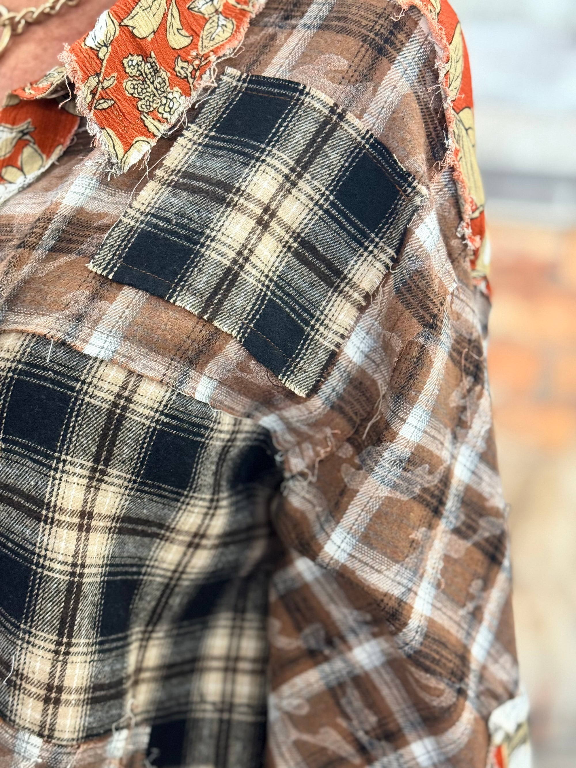 Vintage Plaid + Floral Colorblock Button Up Top