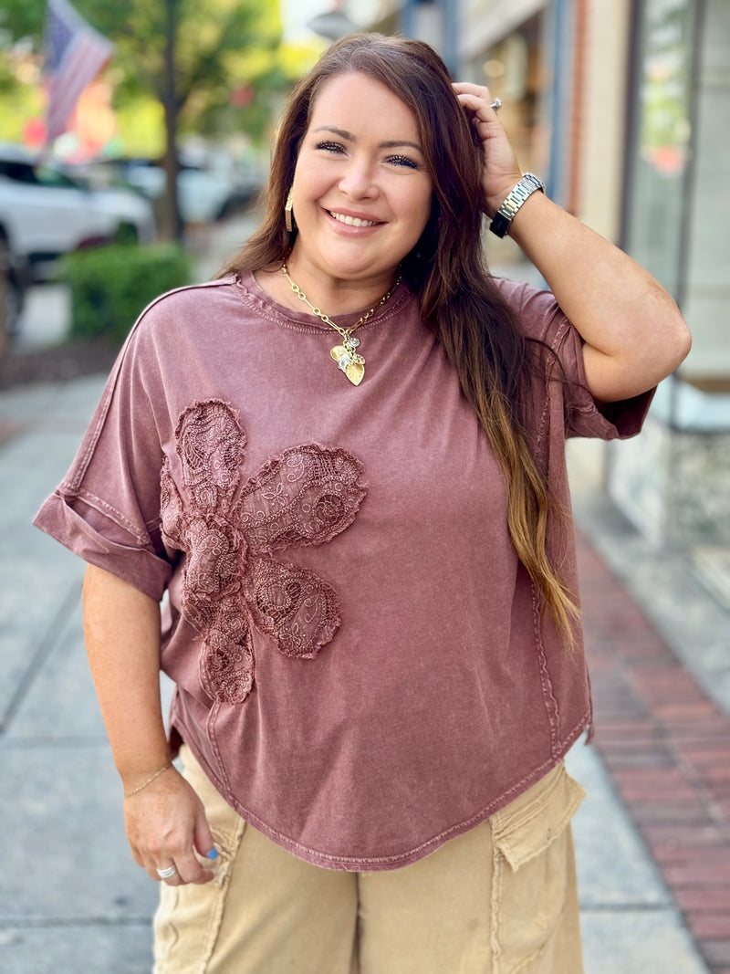 Crochet Floral Patch Cuffed Sleeve Top