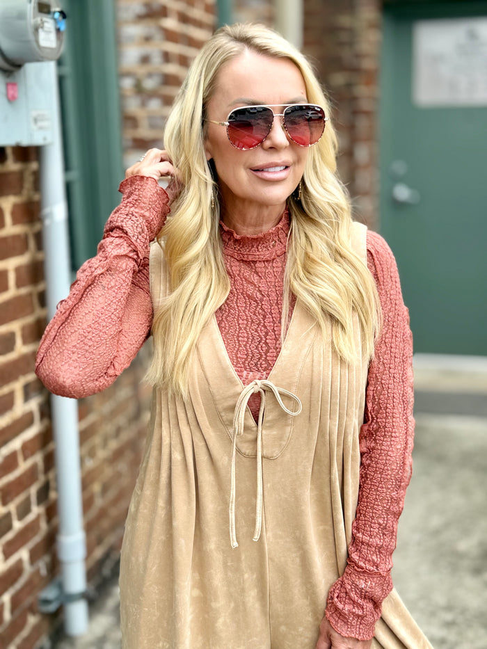 Sheer Flare Sleeve Lace Top | Rust