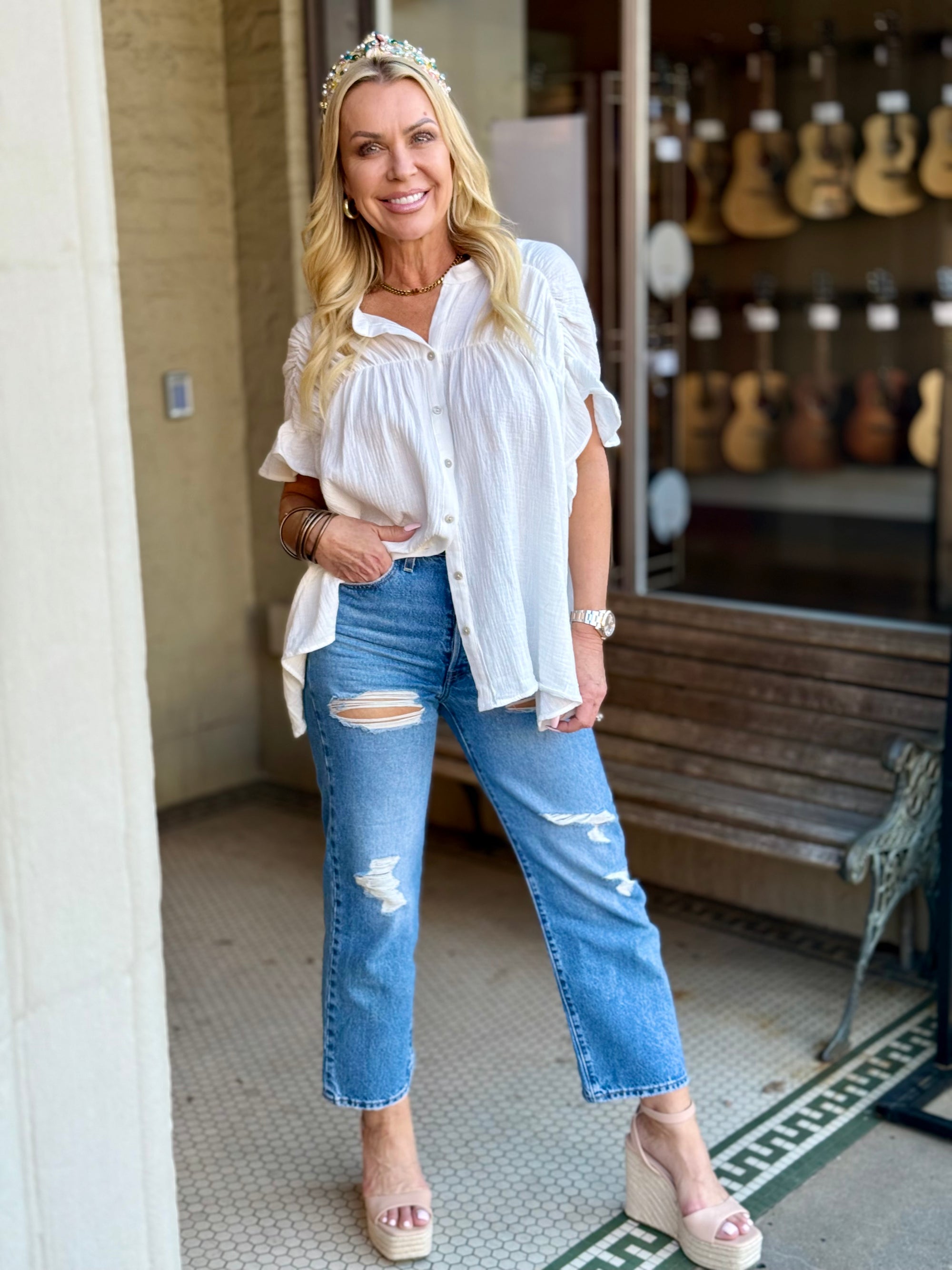 Shirred Gauze Button Up Top | White