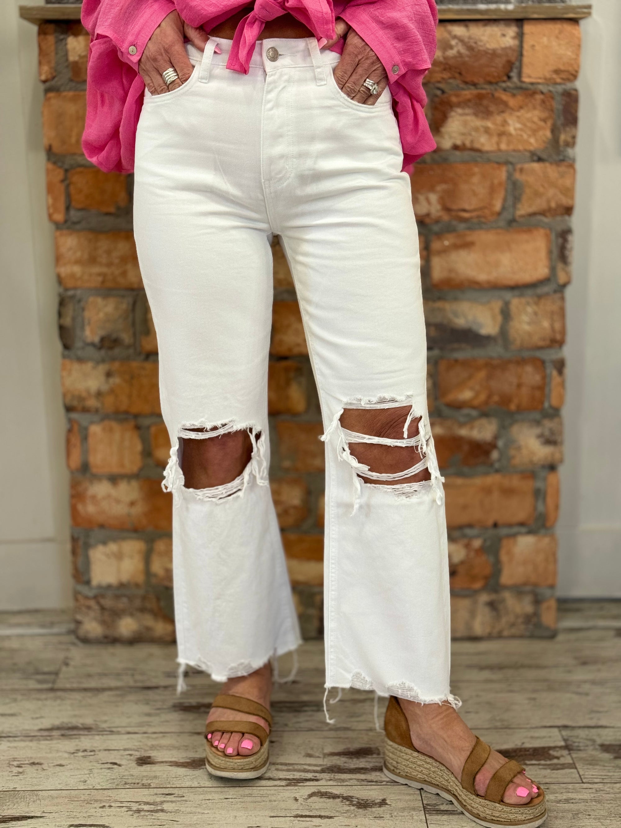Distressed Cropped High Rise White Jeans