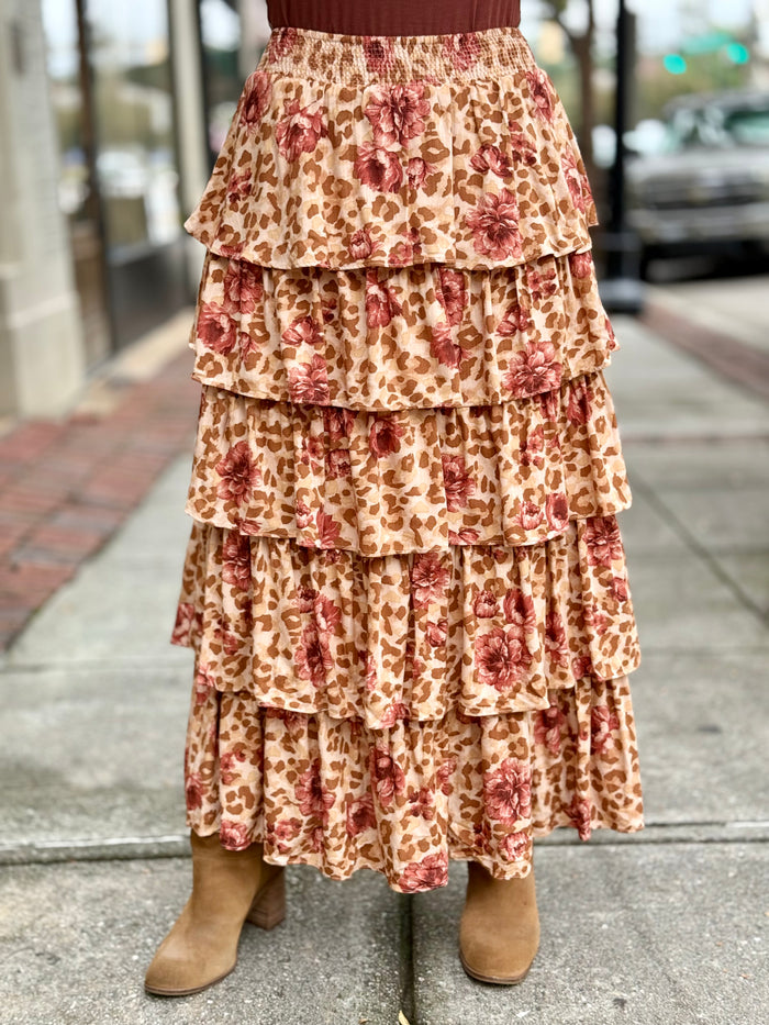 Leopard + Floral Tiered Maxi Skirt