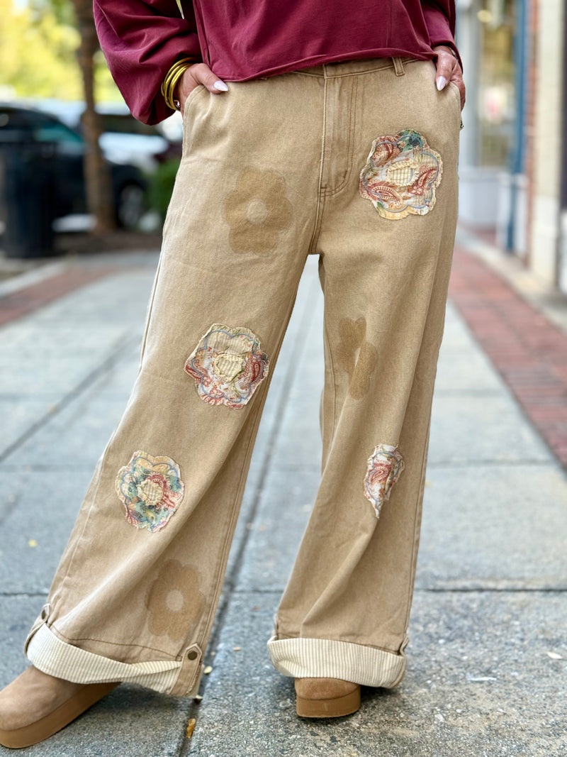 Floral Patch Cuffed Wide Leg Pants