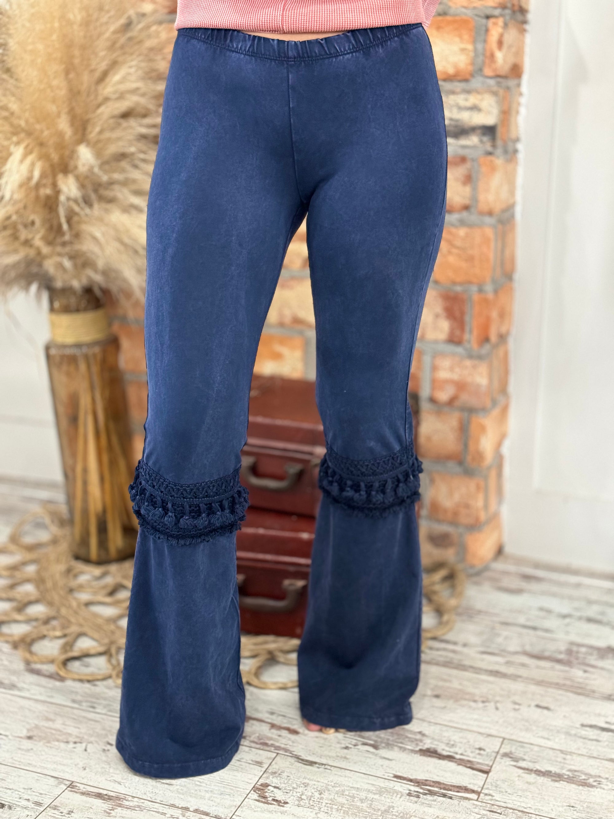 Fringed Crochet Washed Bell Bottom Flare Pants in Dark Blue