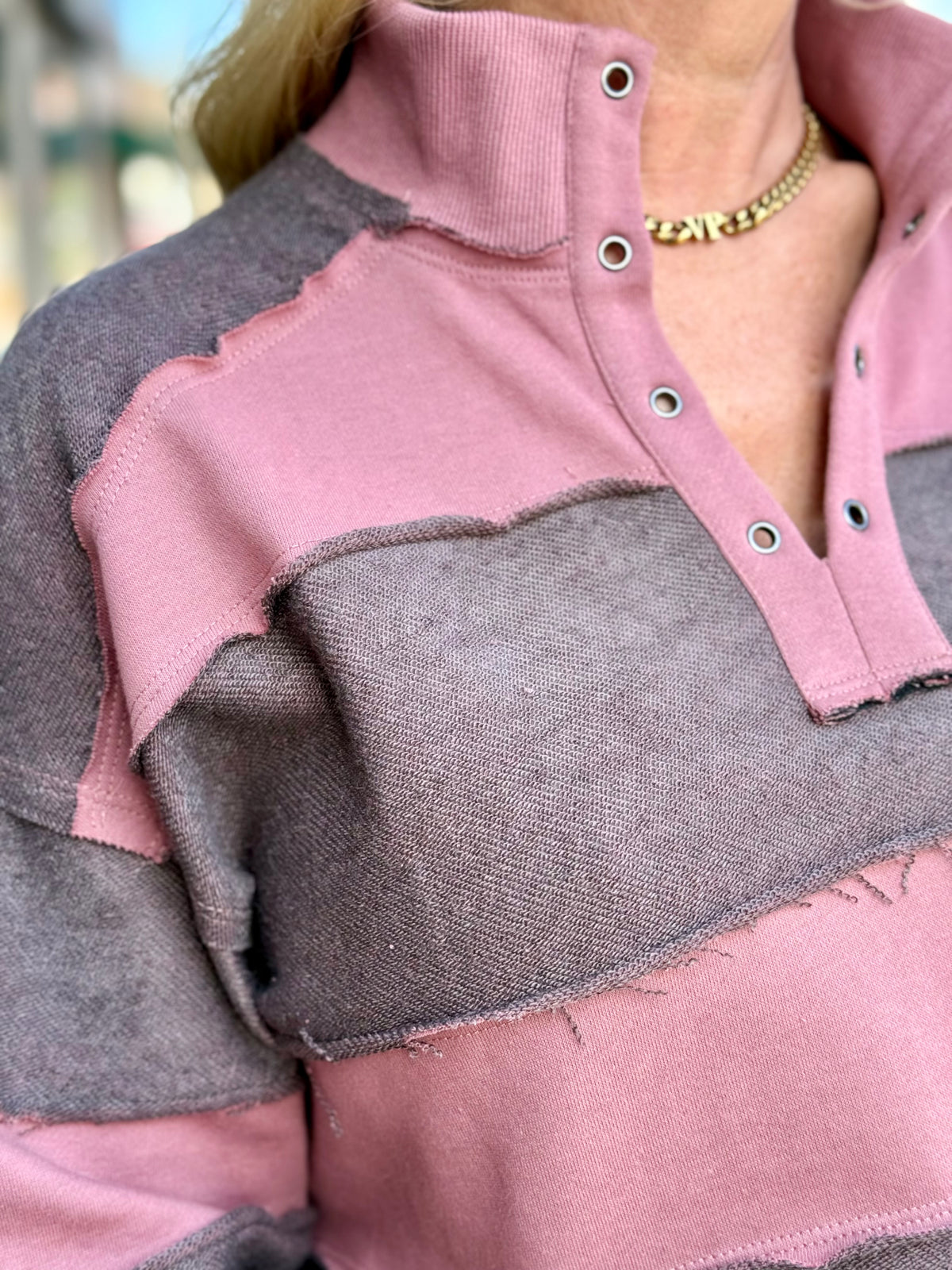 Striped Raw Edge Henley Pullover