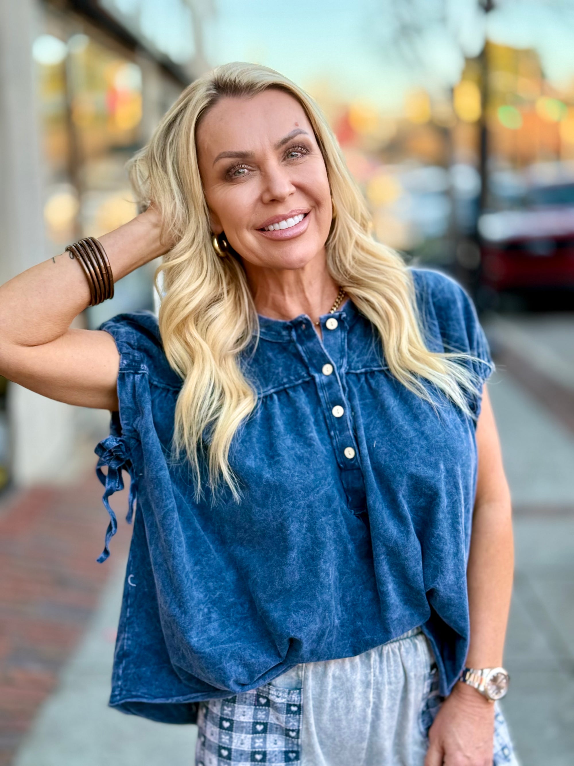 Washed Sleeve Tie Top | Navy