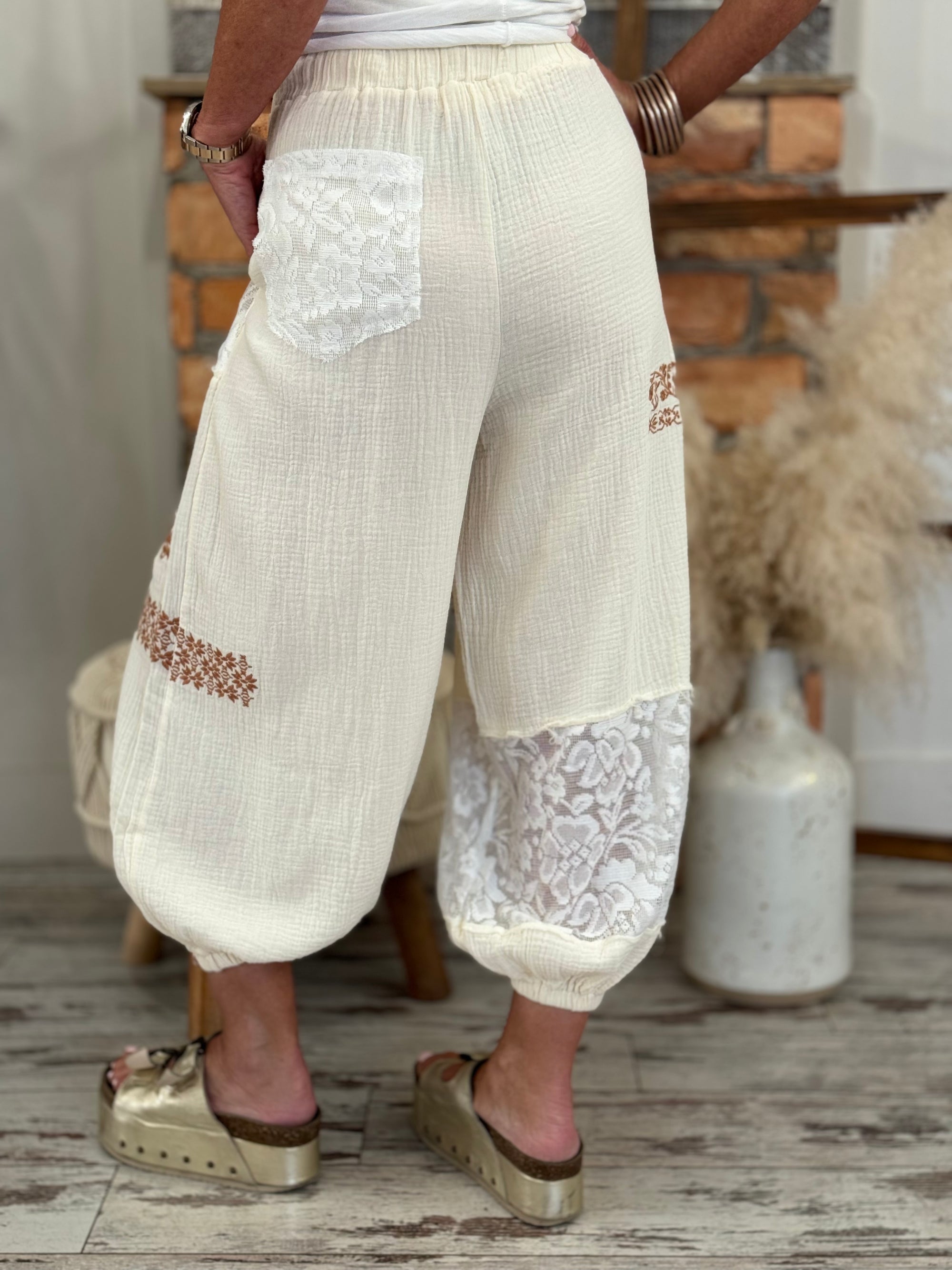 Embroidered Lace Mixed Fabric Jogger Pants