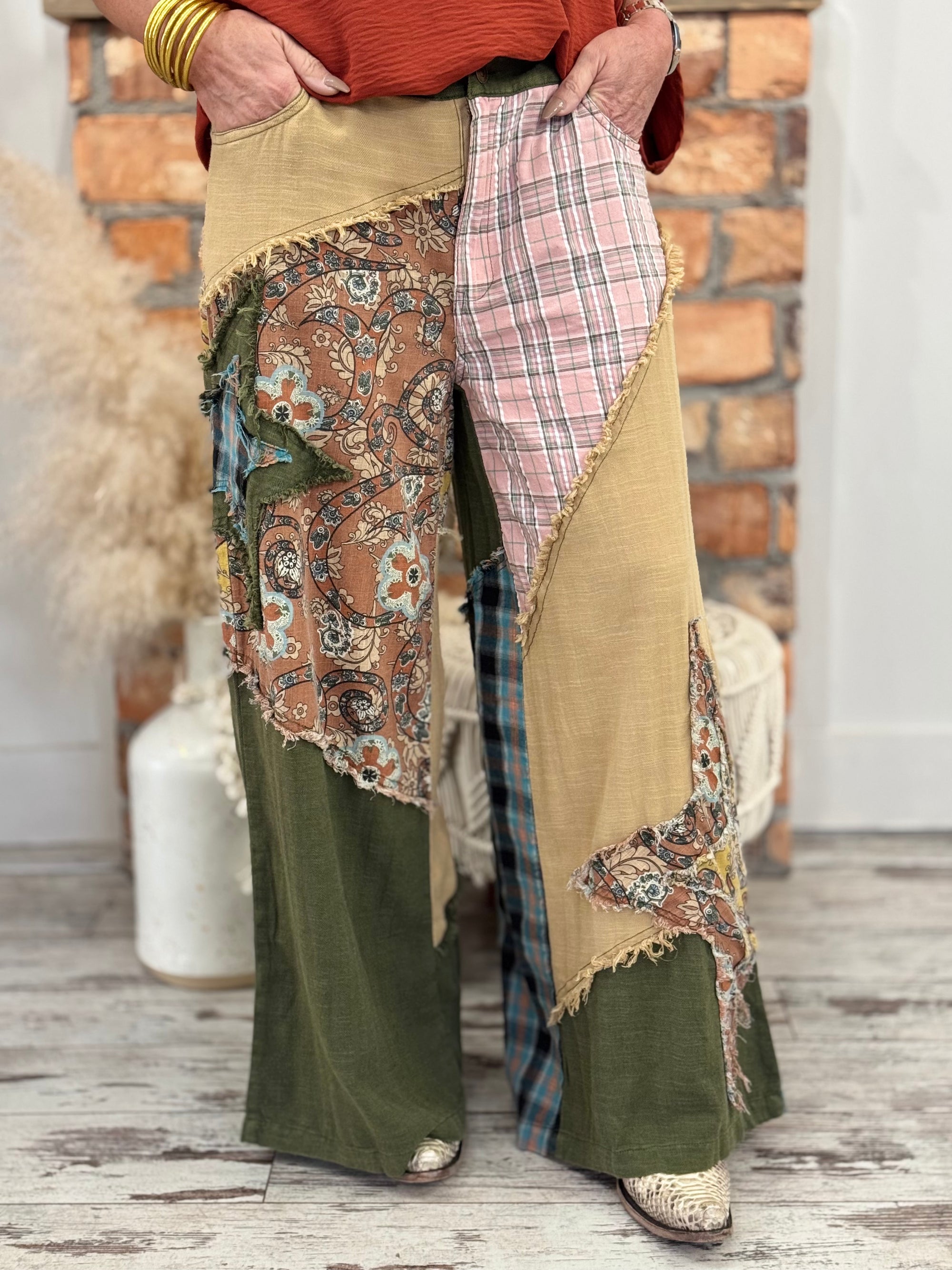 Mixed Patchwork Wide Leg Pants in Olive