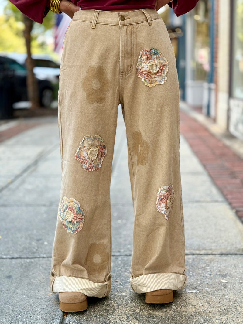 Floral Patch Cuffed Wide Leg Pants