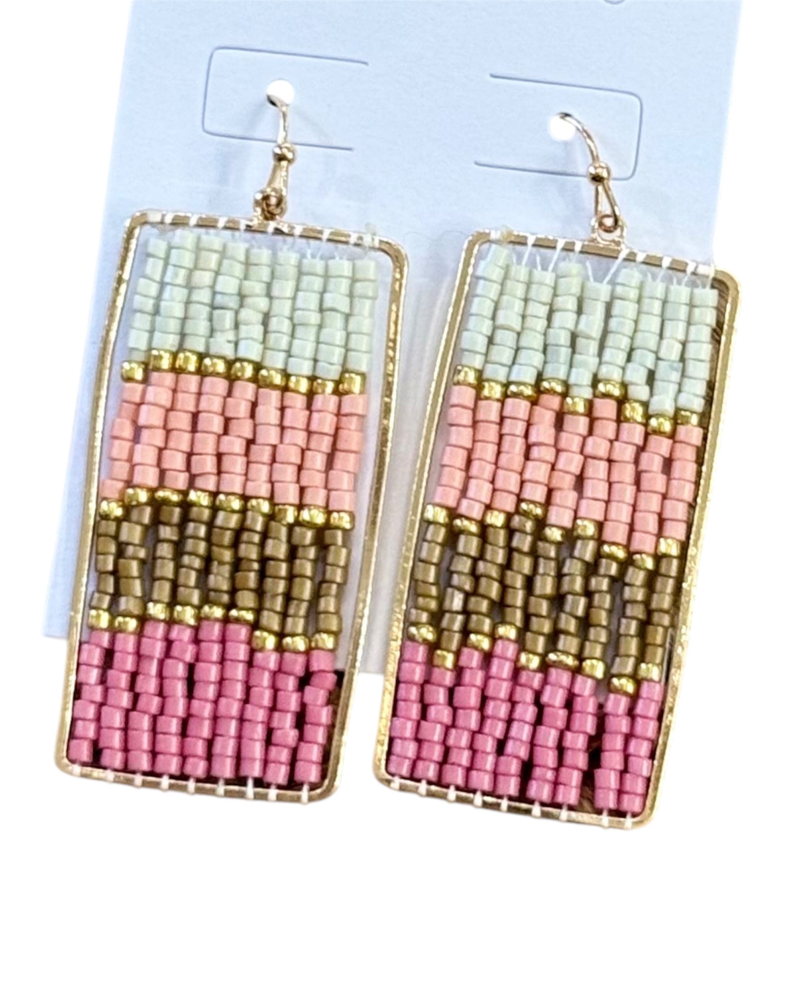 Rectangle Beaded Wire Earrings | Pink