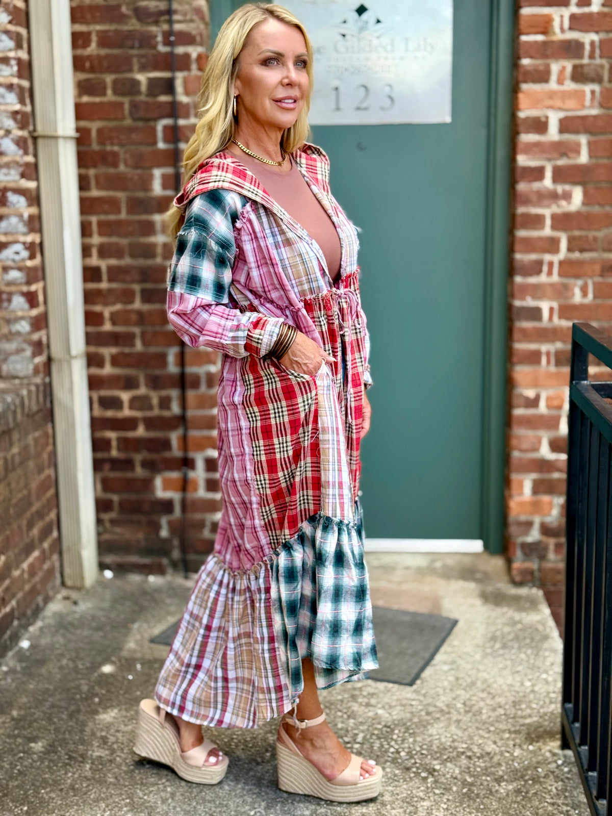 Plaid Colorblock Hooded Duster