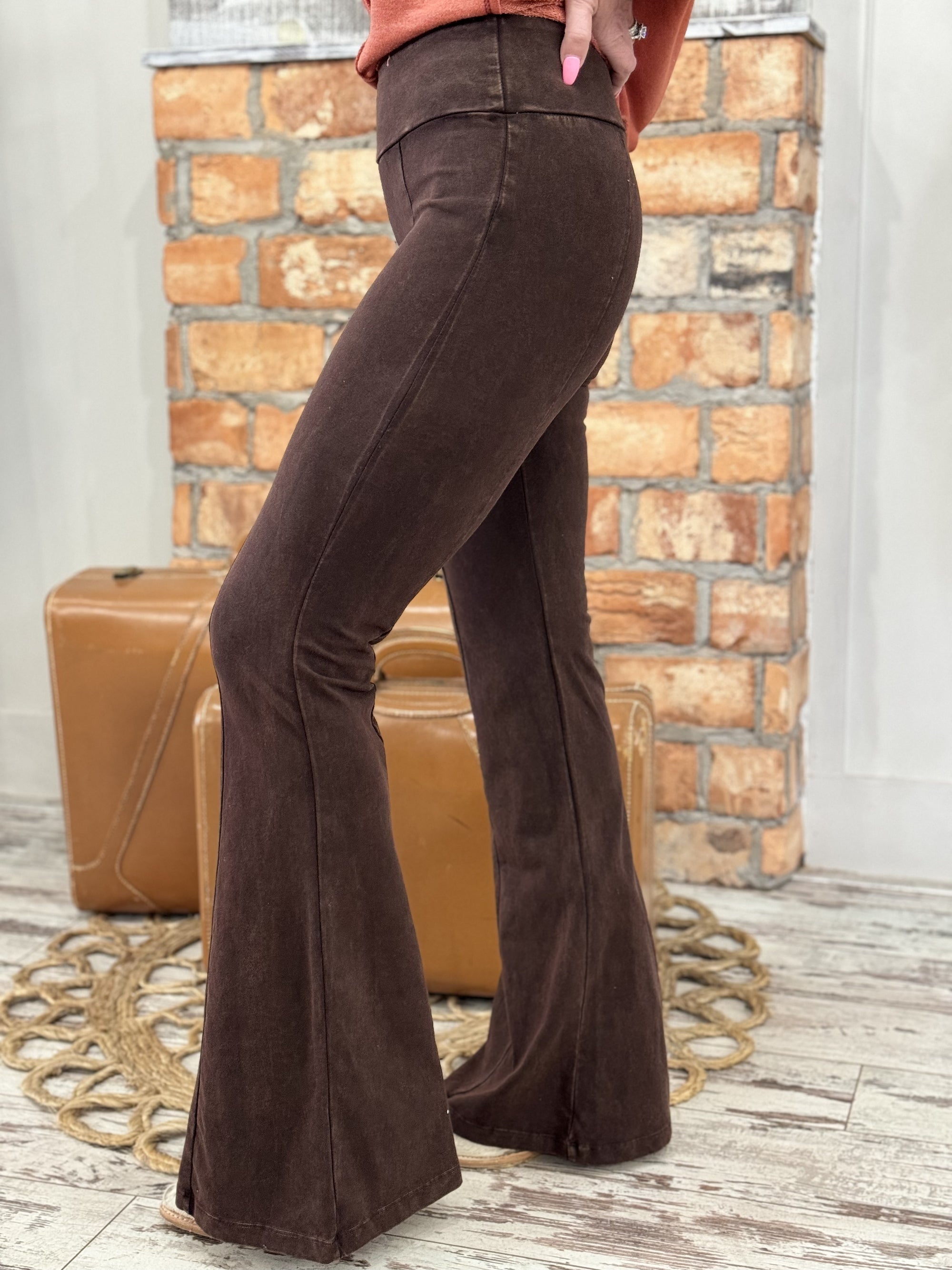 Washed Bell Bottom Front Seam Flare Pants in Brown