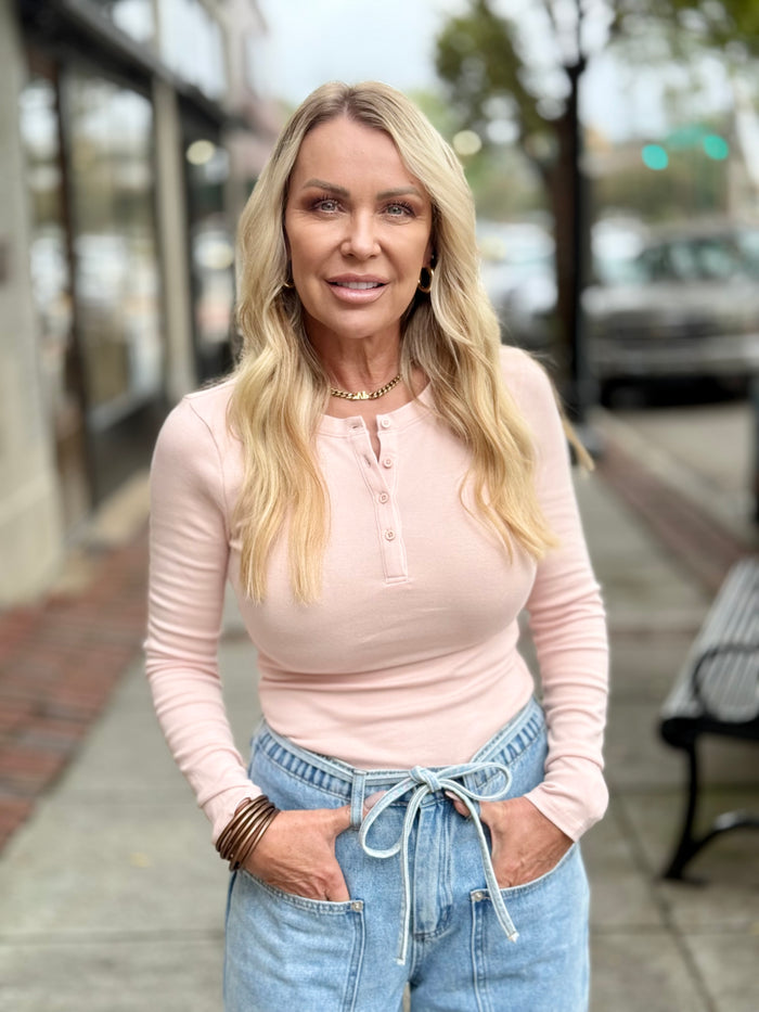 Fitted Henley Top | Pink