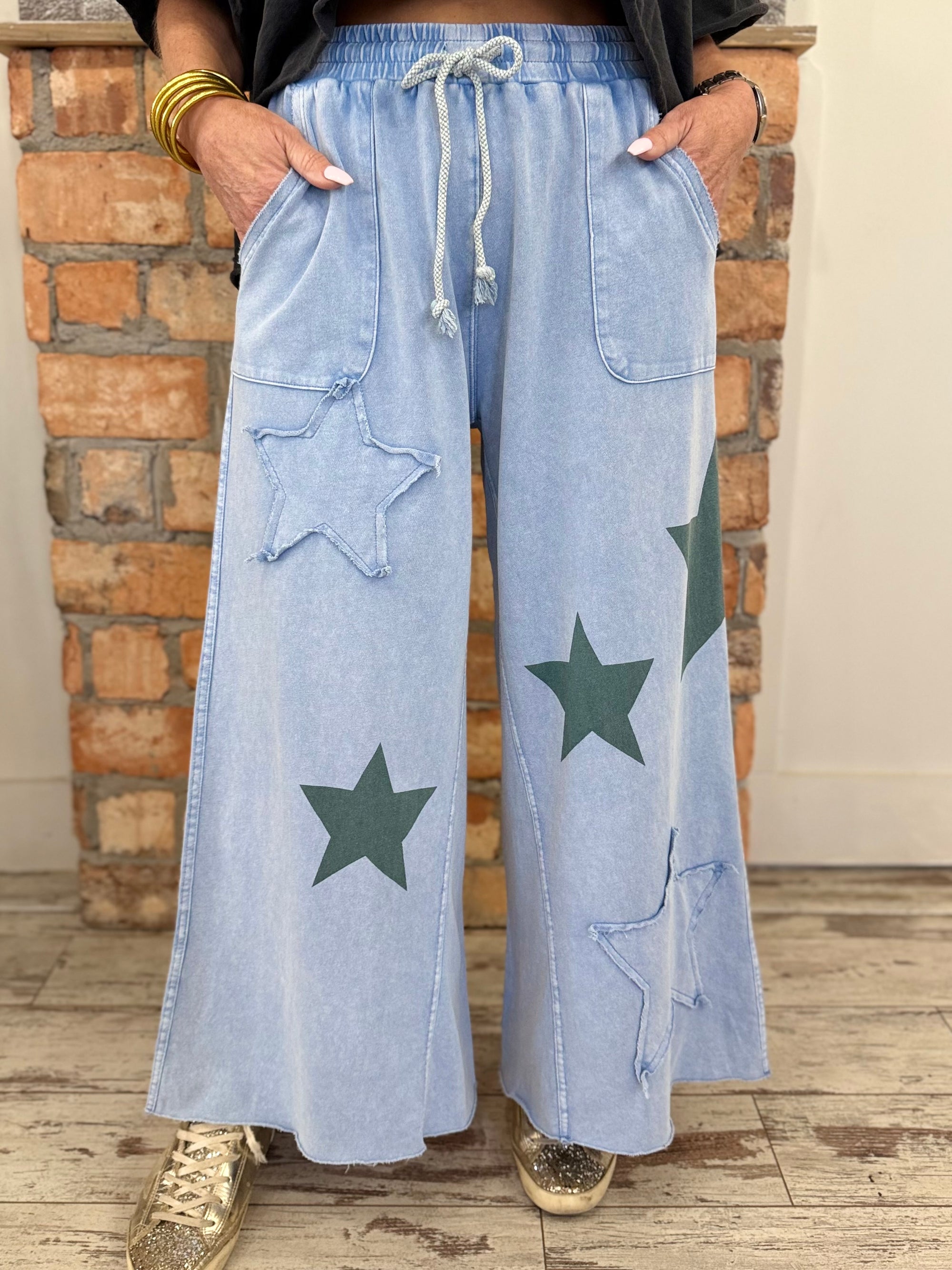 Cropped Wide Leg Star Patch Pants | Blue