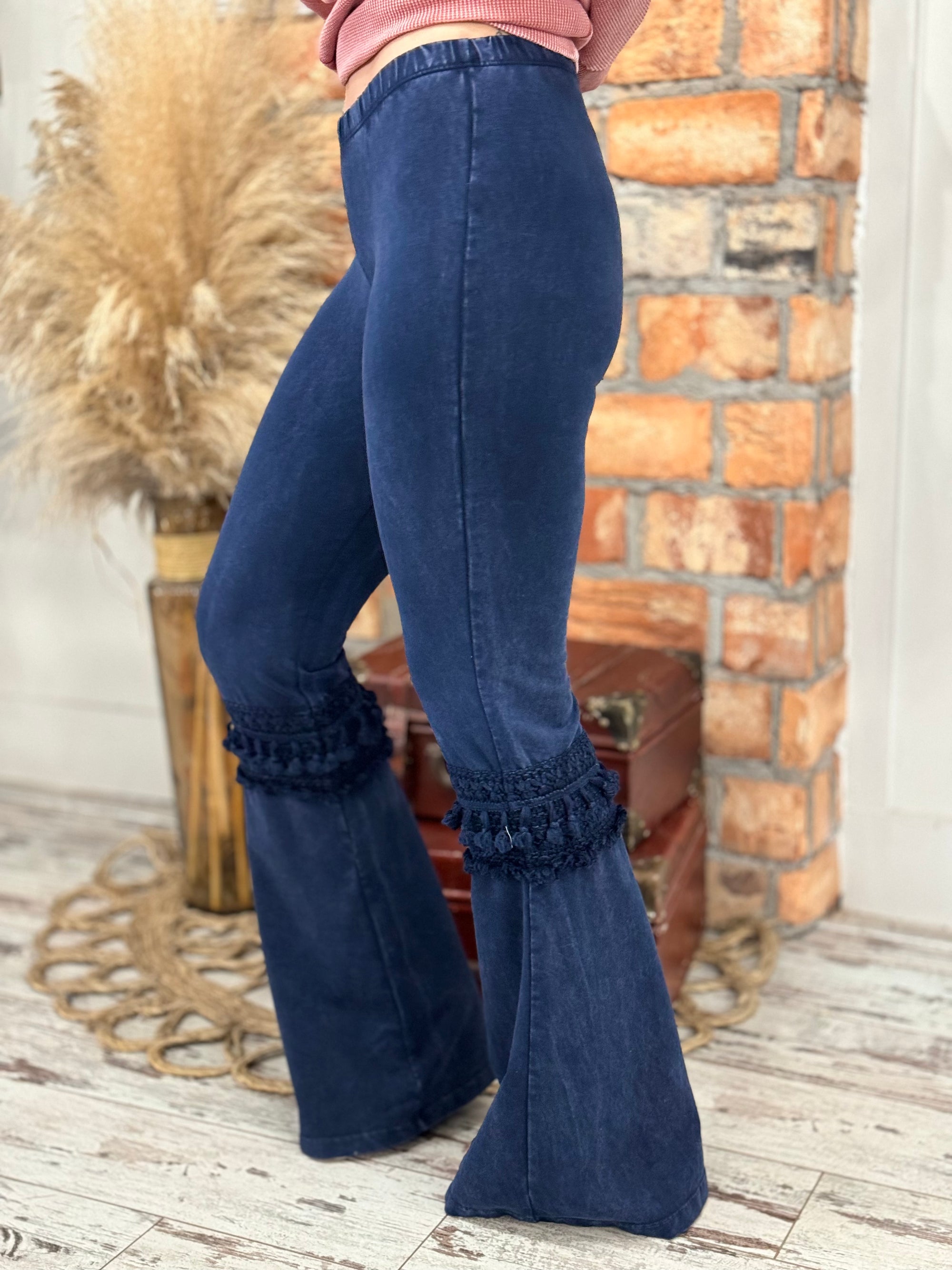 Fringed Crochet Washed Bell Bottom Flare Pants in Dark Blue