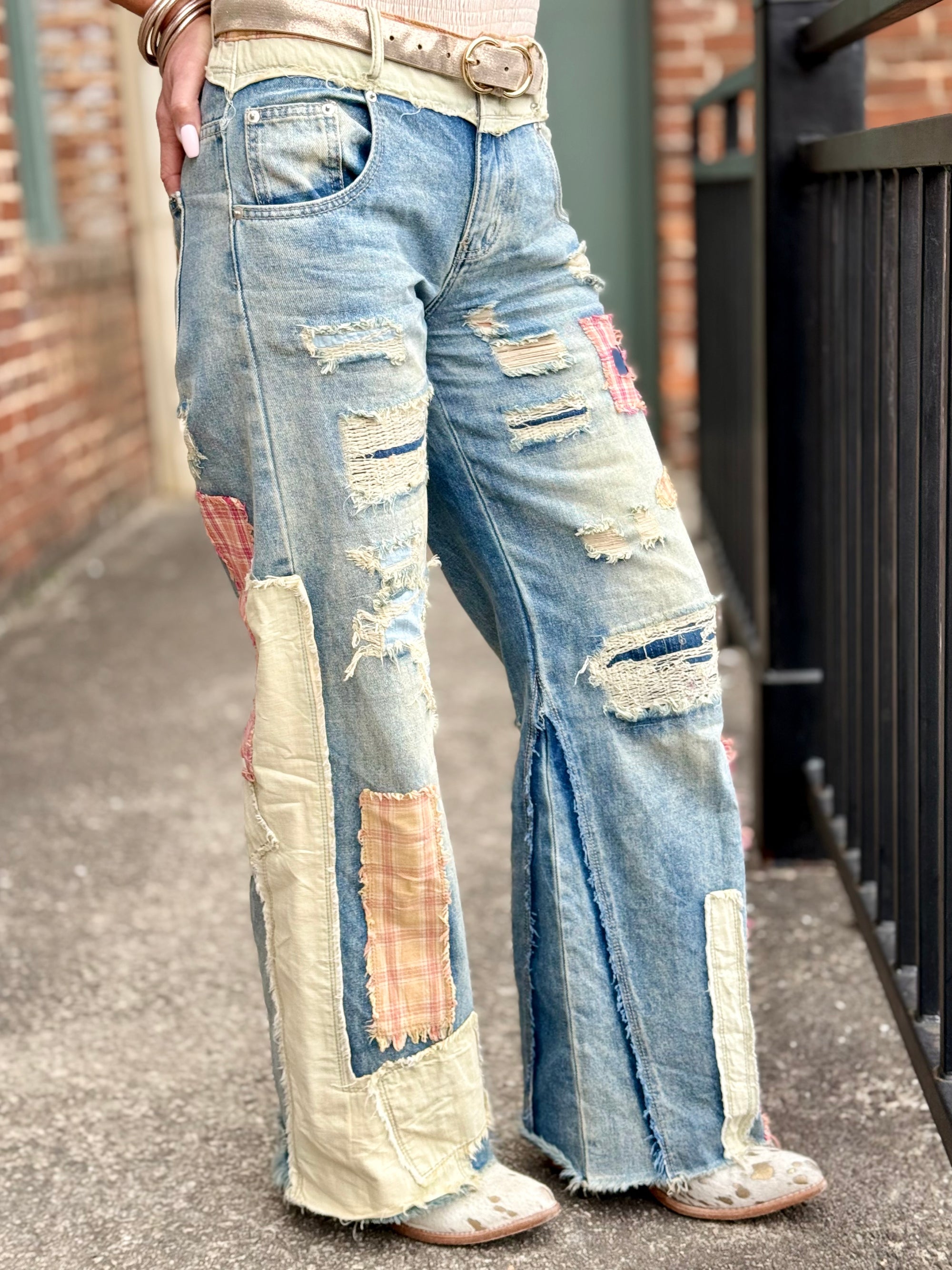 Mixed Patchwork Wide Leg Jeans